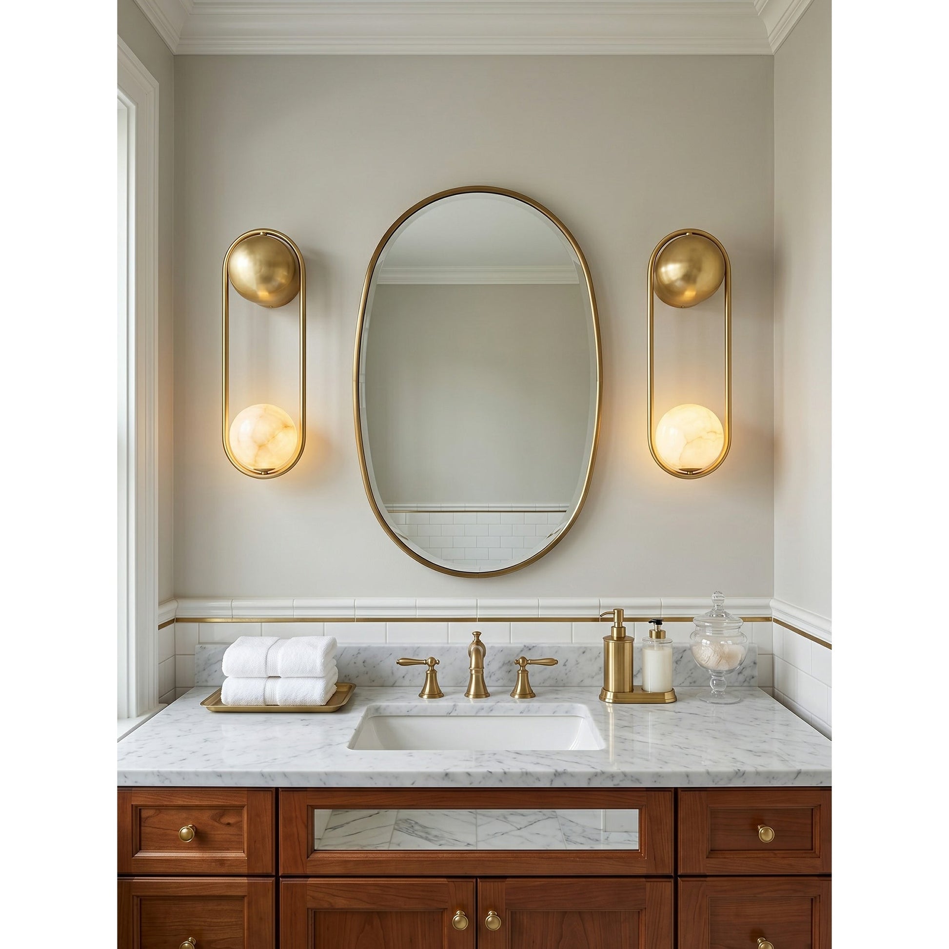 The sconce installed in a bathroom next to a mirror.