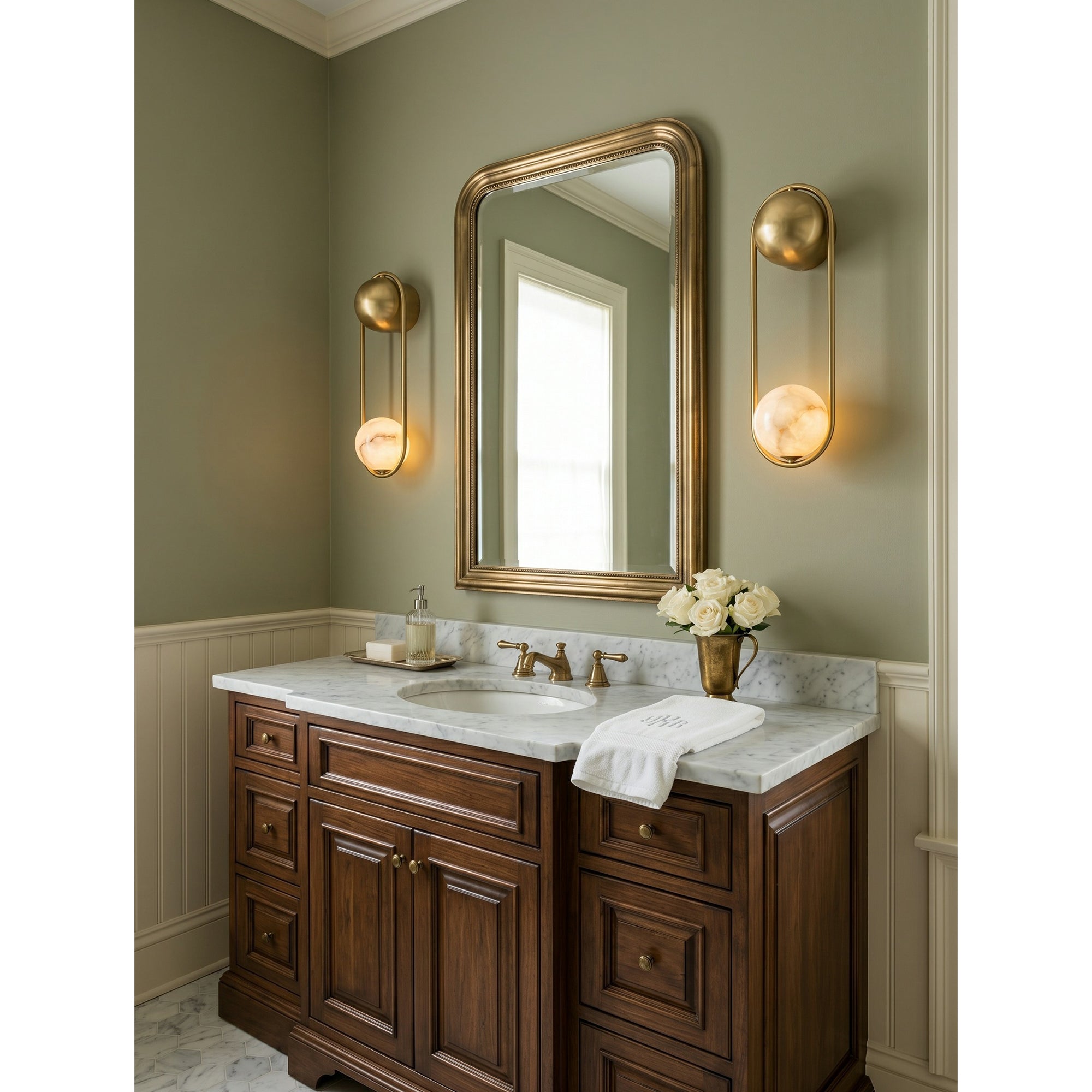 Product dimensions overlay on an image of the sconce.