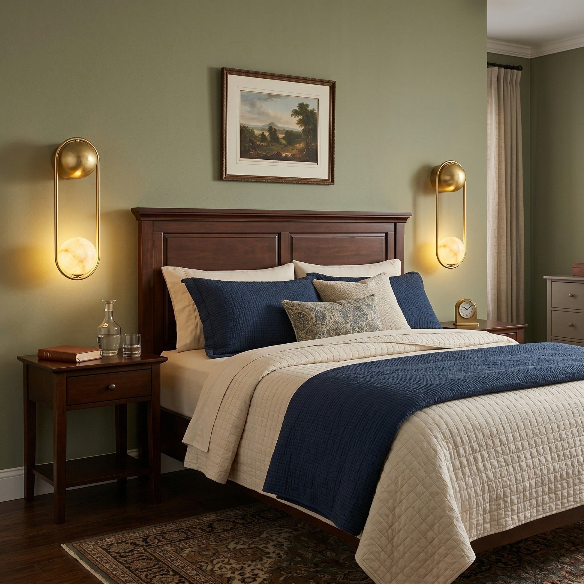 The wall sconce used as a bedside light next to a bed.