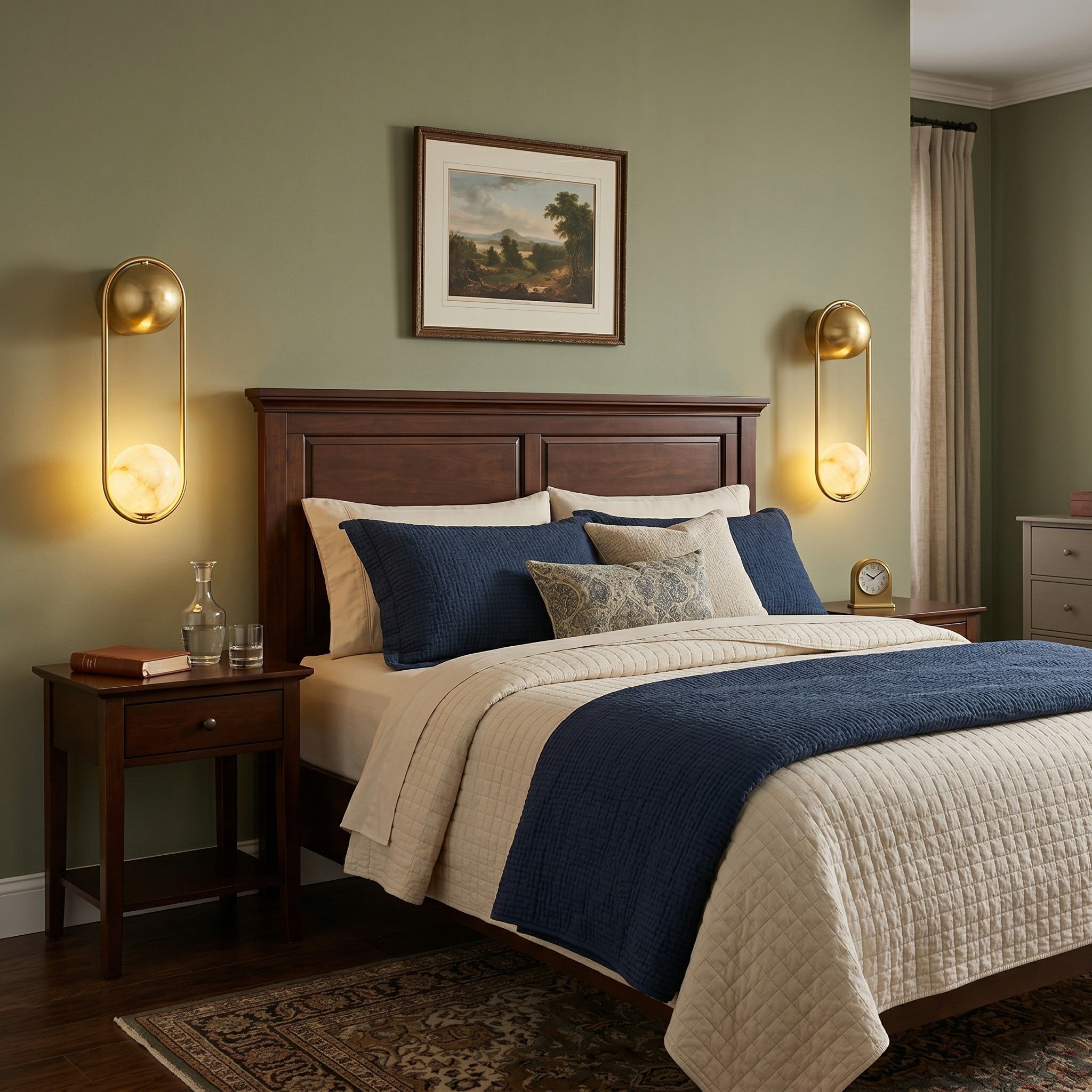 The wall sconce used as a bedside light next to a bed.