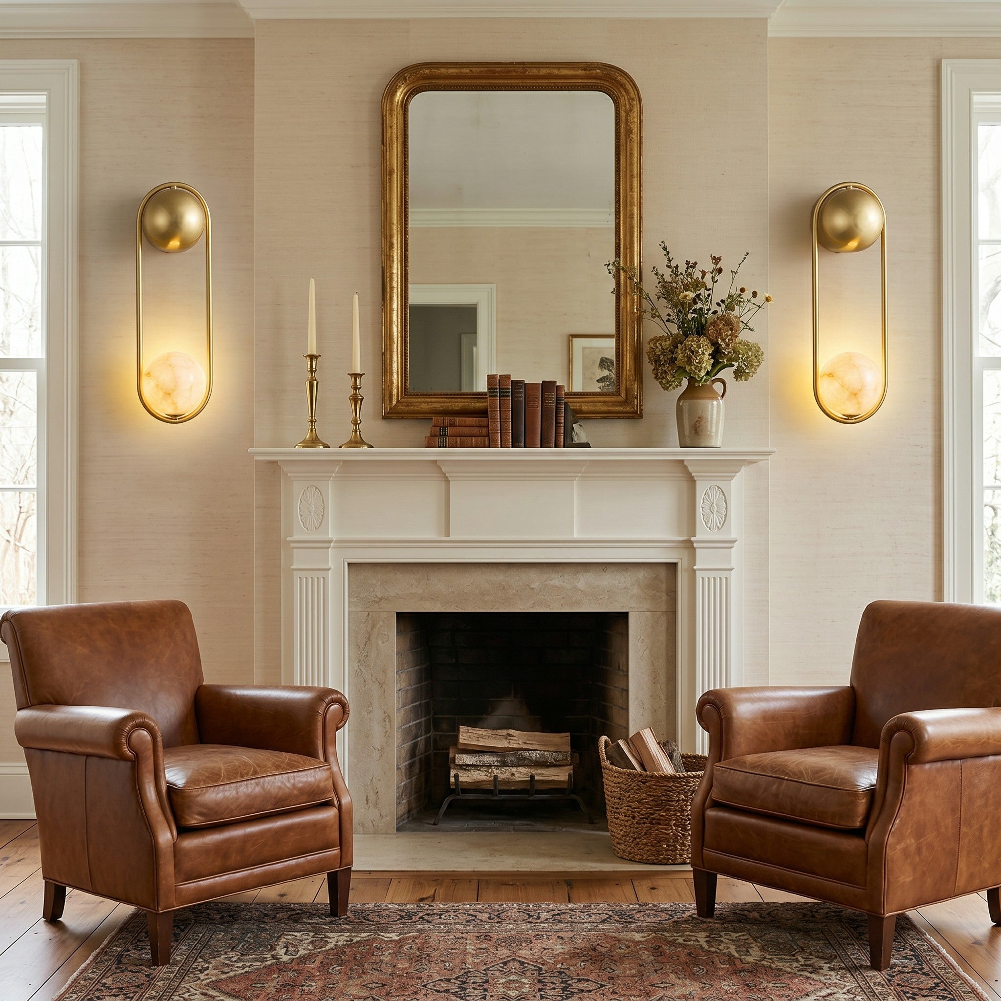 A pair of Mila wall sconces installed in a hallway.