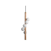 Miller Pendant Light with wooden frame and frosted glass globes.