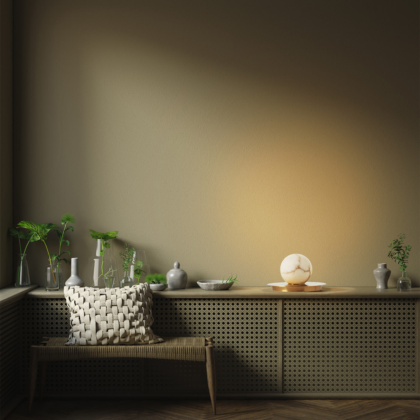 Side view of the table lamp highlighting the brass disk detail.