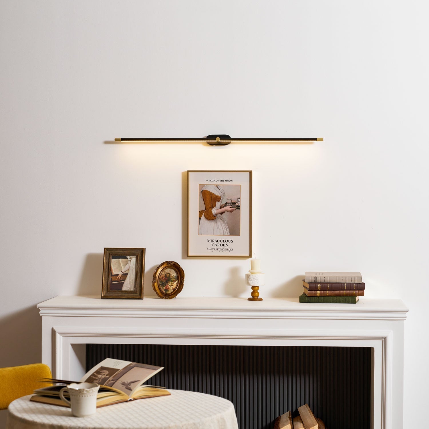 The warm light from the integrated LED source.