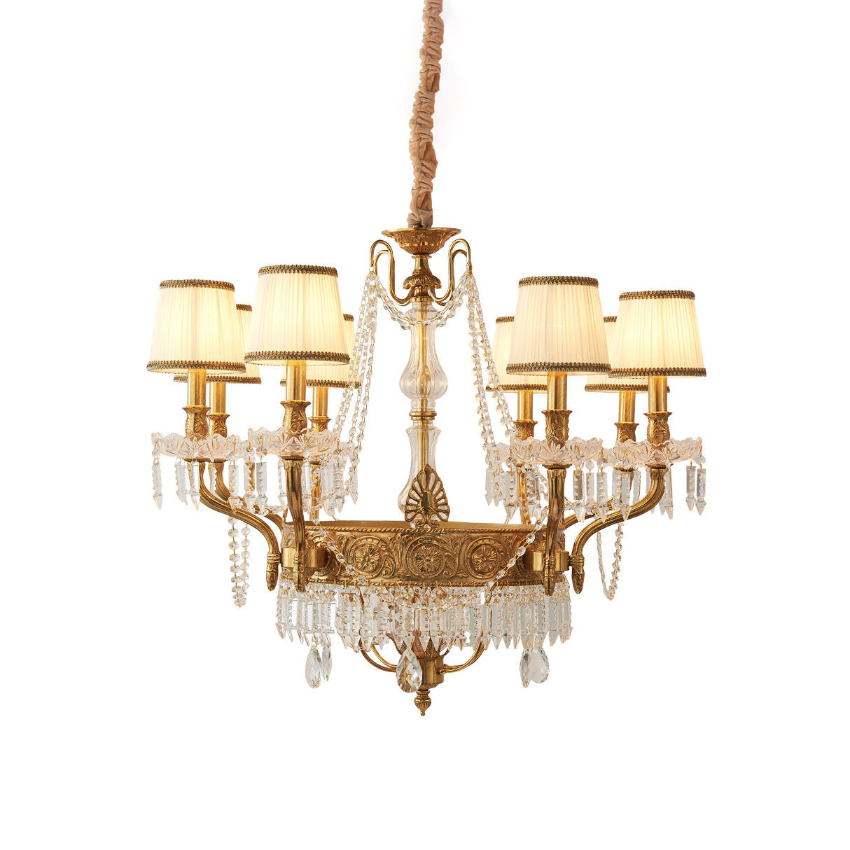 Minka Aston Chandelier with polished brass frame and crystal details.