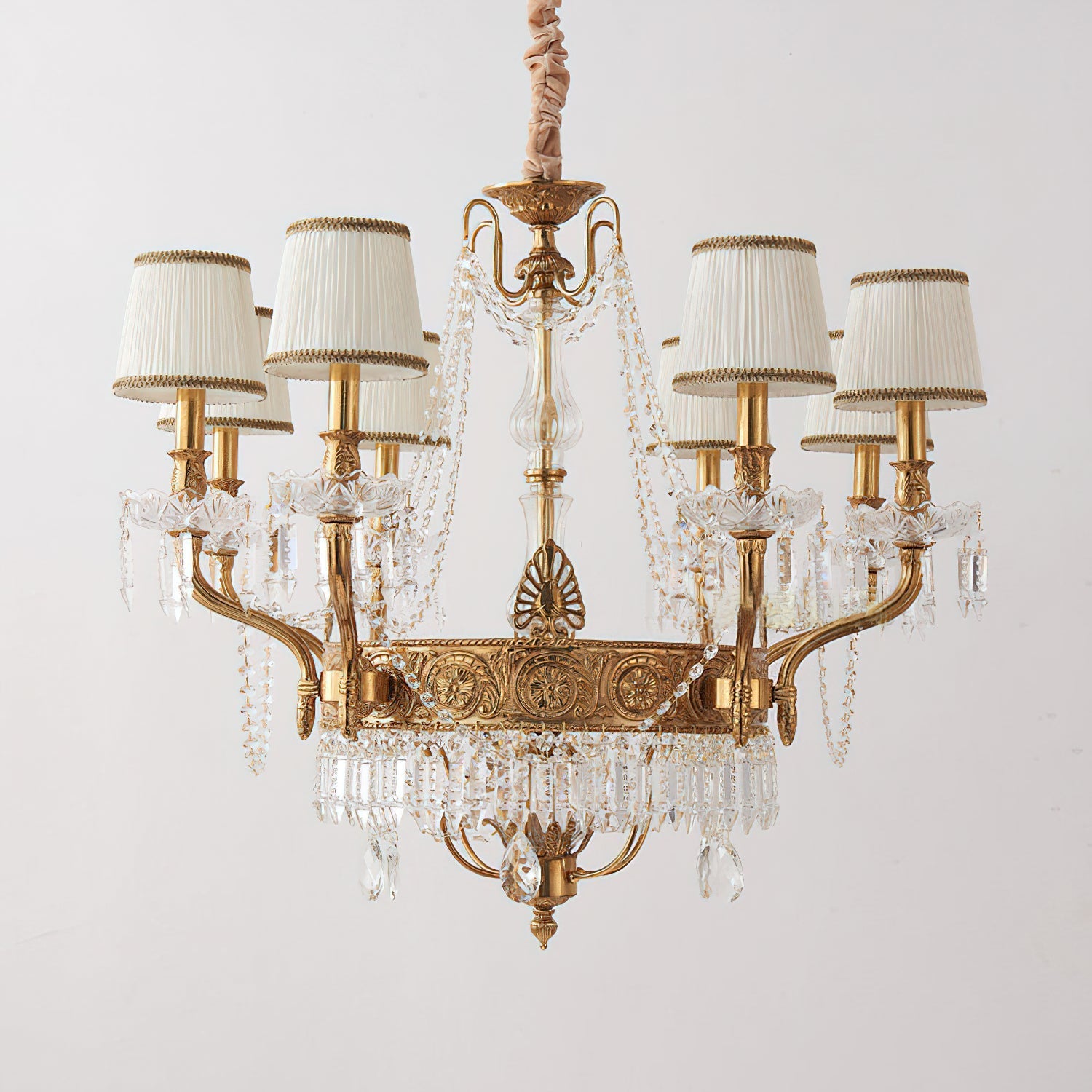 Close-up on the intricate crystal and glass decorations.