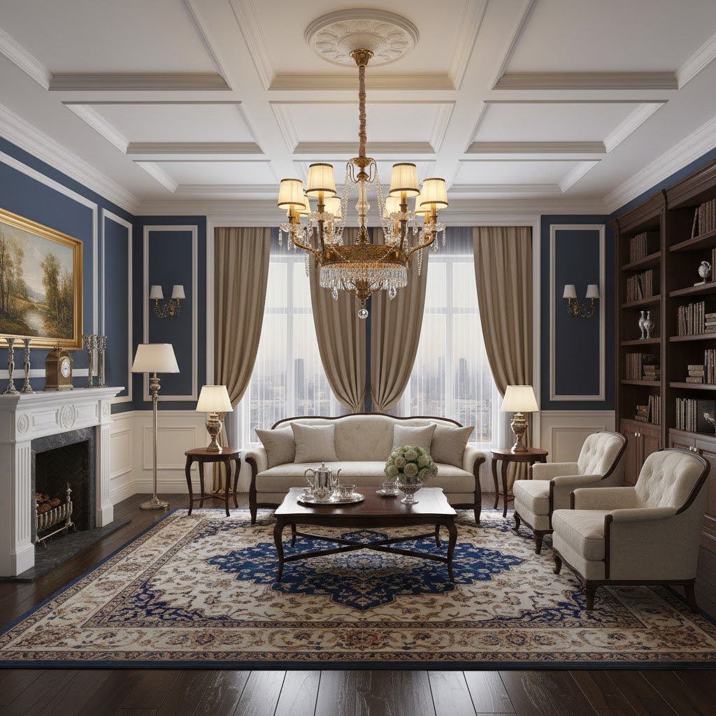 Angled view of the 6-head Minka Aston Chandelier.