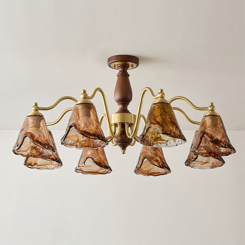 The chandelier illuminated, casting a warm, diffused glow.