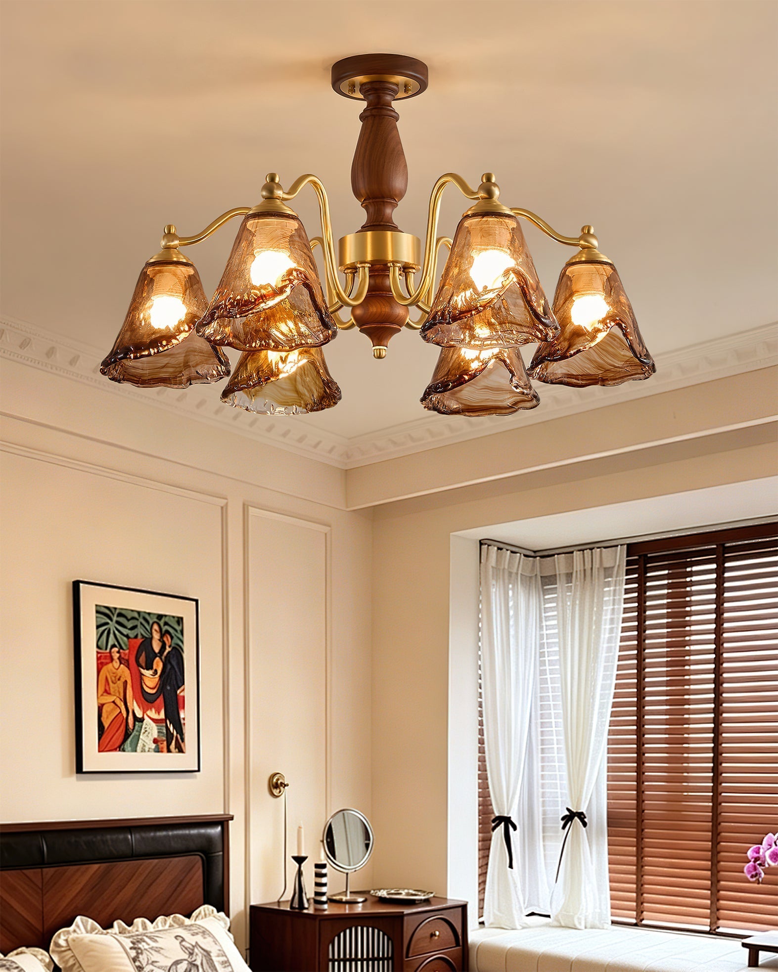 Close-up of the amber-tinted rippled glass shade on the Mirabelle chandelier.