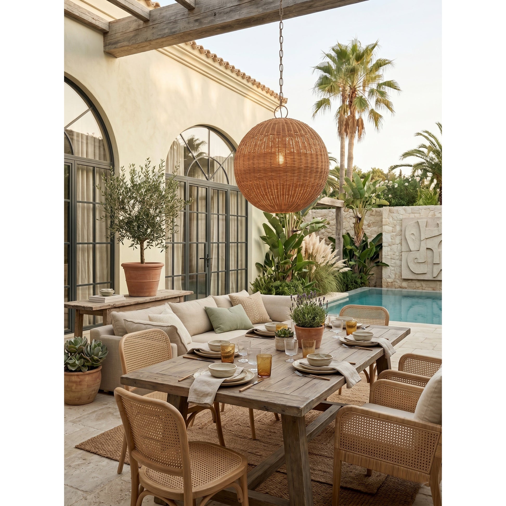 The oversized rattan orb pendant hanging above a kitchen island.