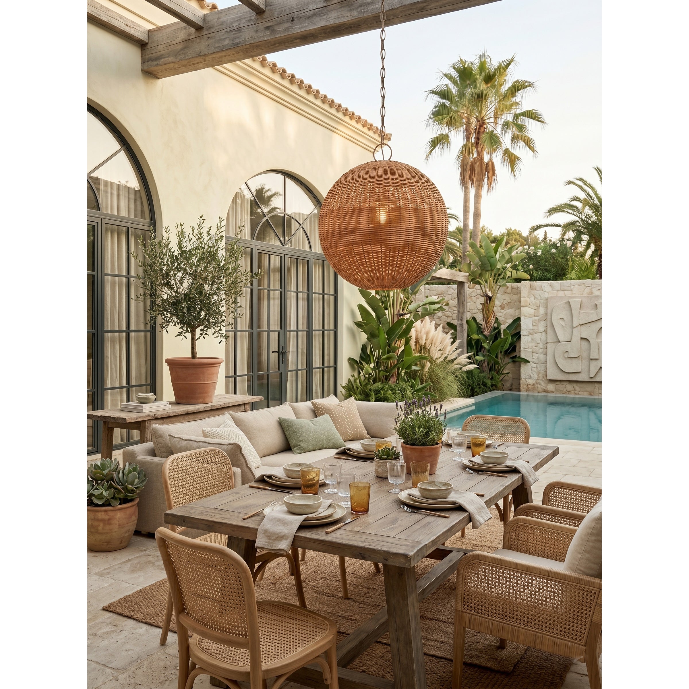 The oversized rattan orb pendant hanging above a kitchen island.
