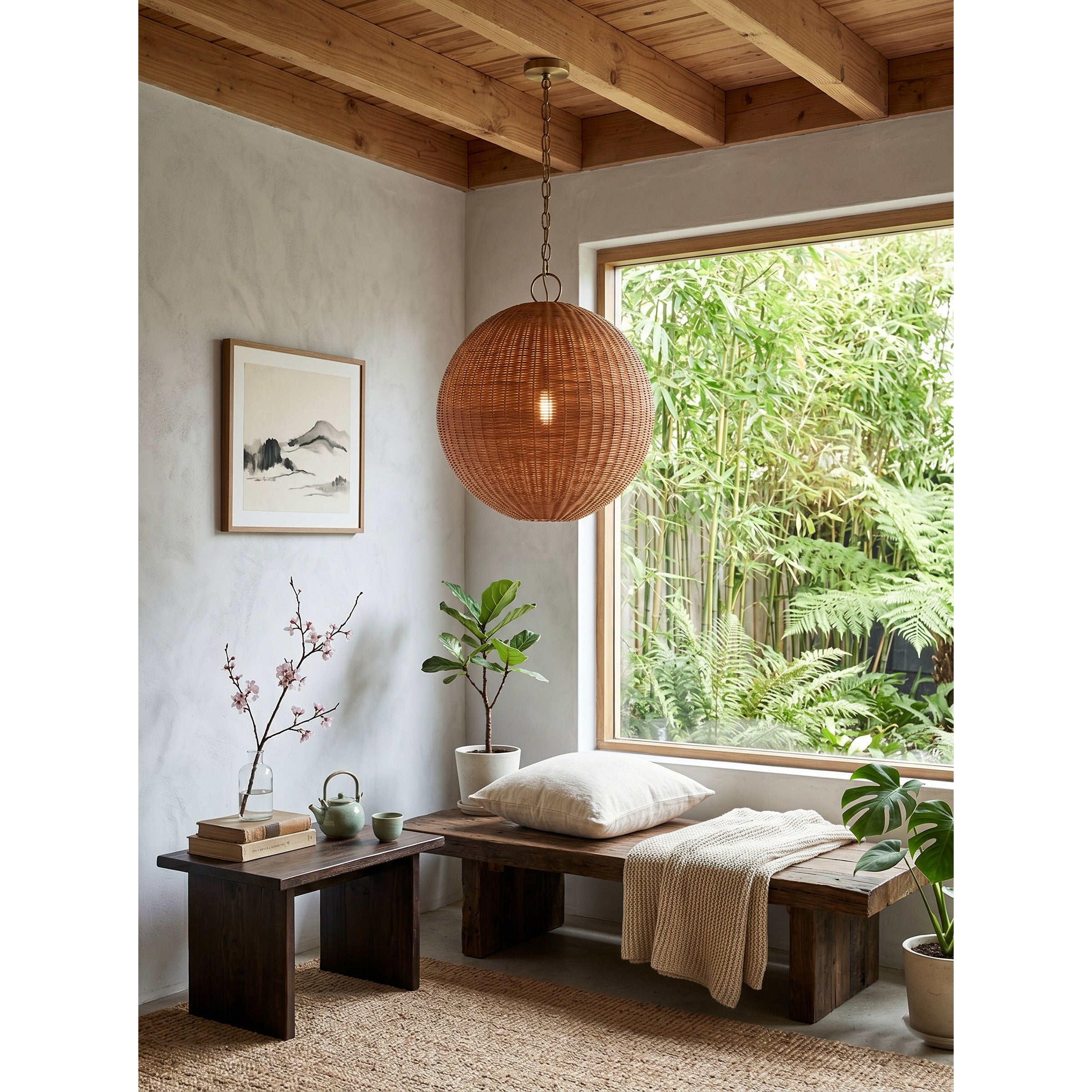 Lifestyle image of the pendant lamp in a relaxed living room setting.