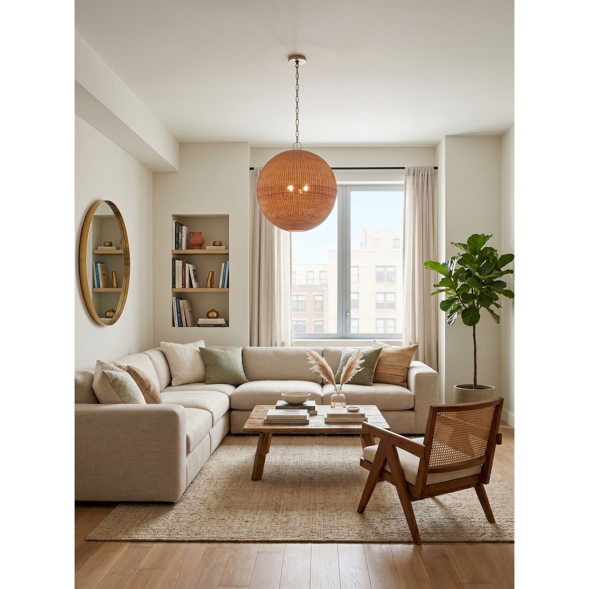 Side angle of the Miramar Rattan Round Pendant Lamp.