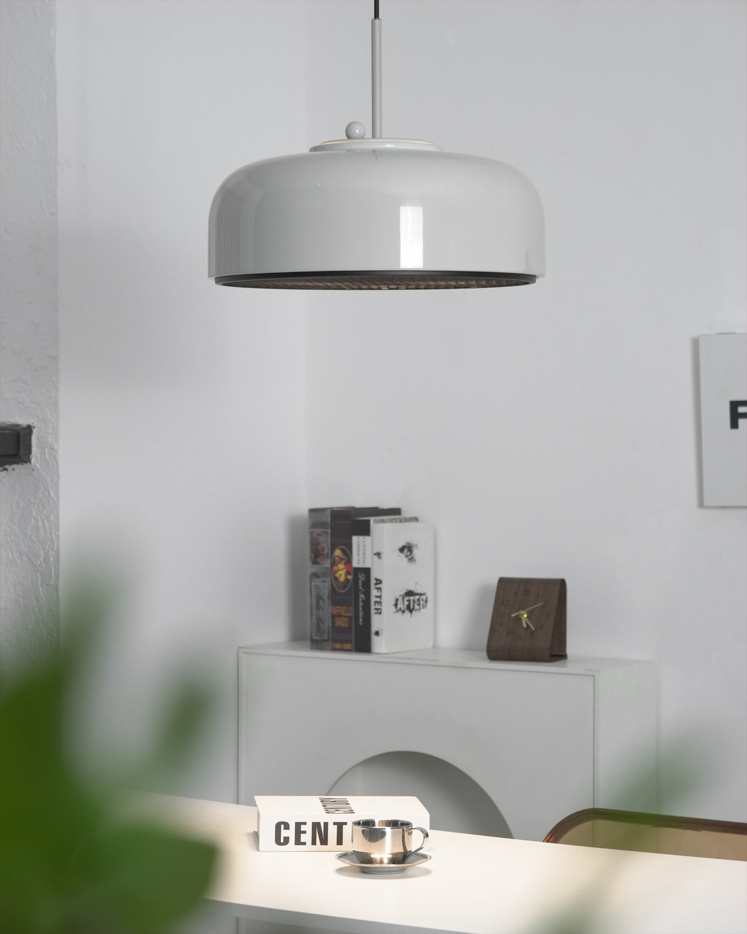 Misha Pendant Light in milky white, top view showing the ceiling mount.