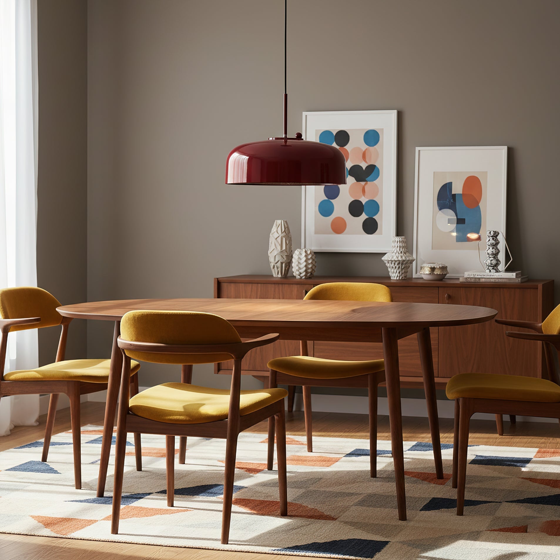Misha Pendant Light in red, shown in a modern living room.