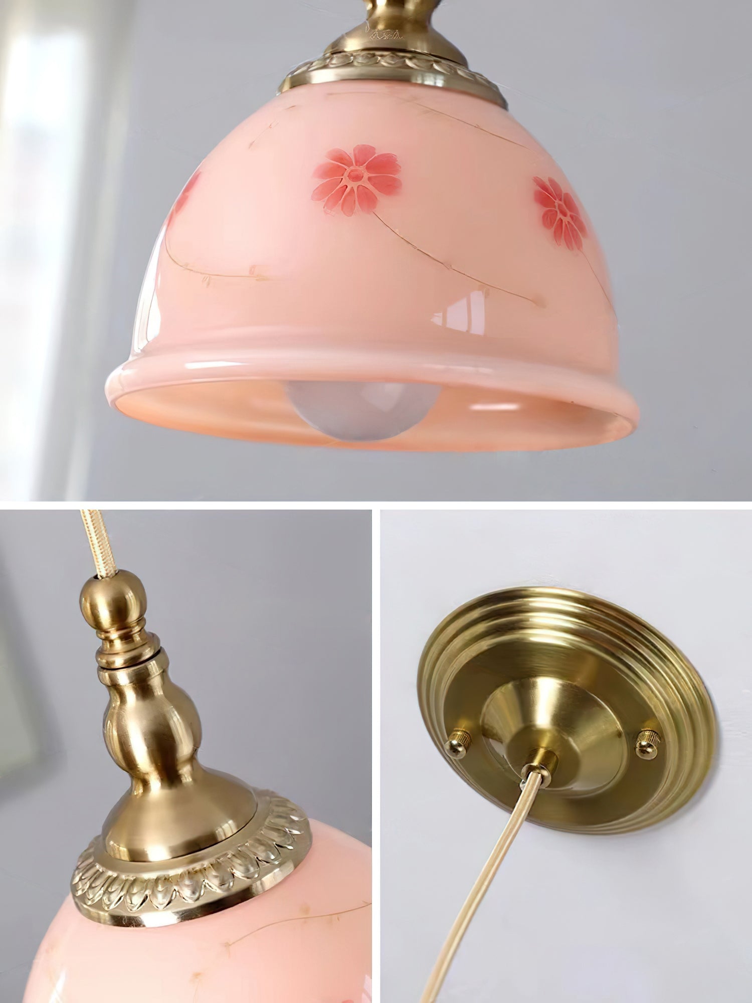Pendant Lamp Brass and Glass Floral Pattern Dome Shade Vintage