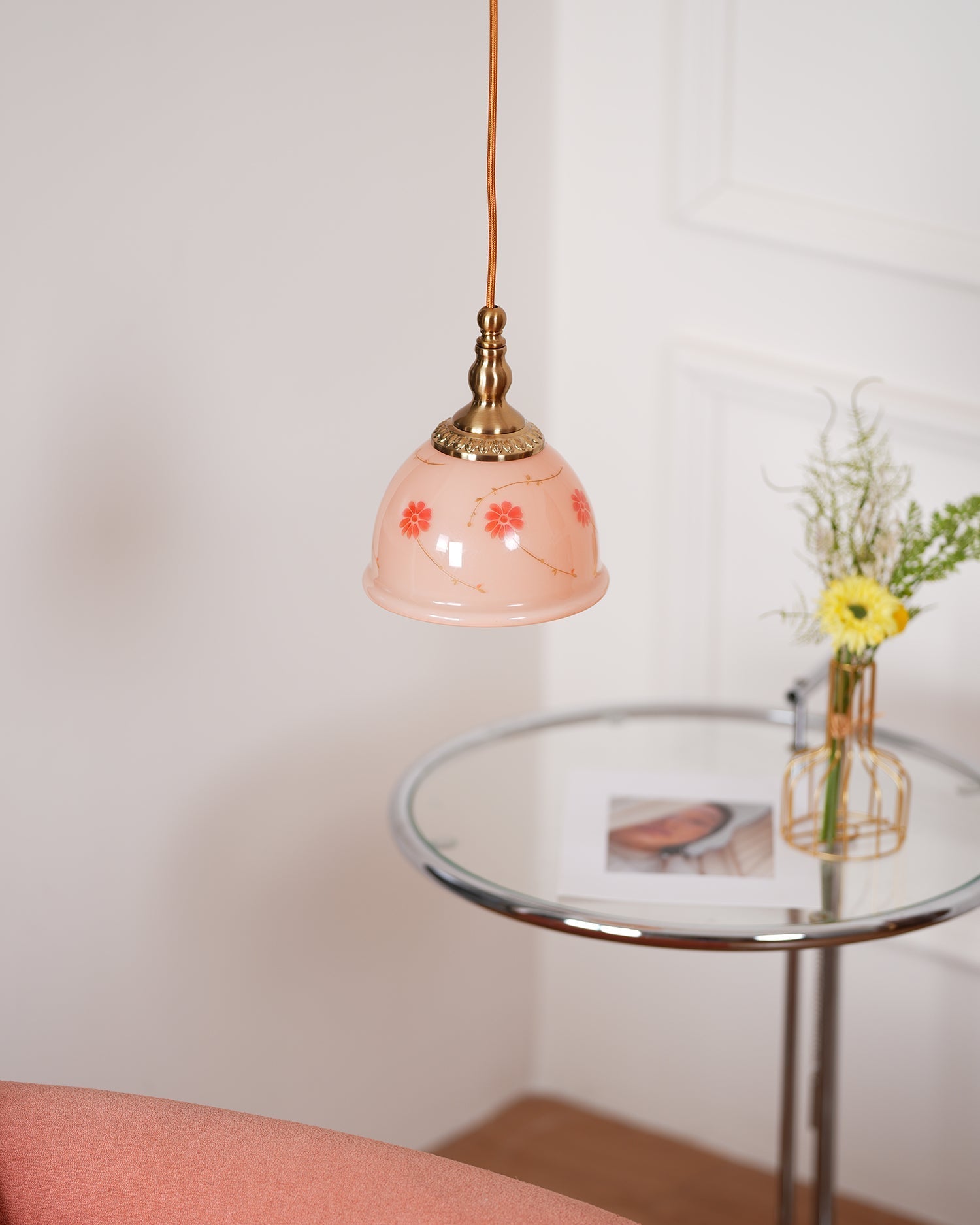 Pendant Lamp Brass and Glass Floral Pattern Dome Shade Vintage