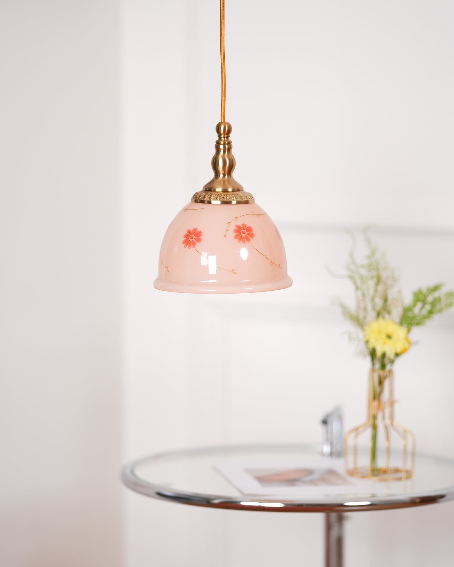 Pendant Lamp Brass and Glass Floral Pattern Dome Shade Vintage