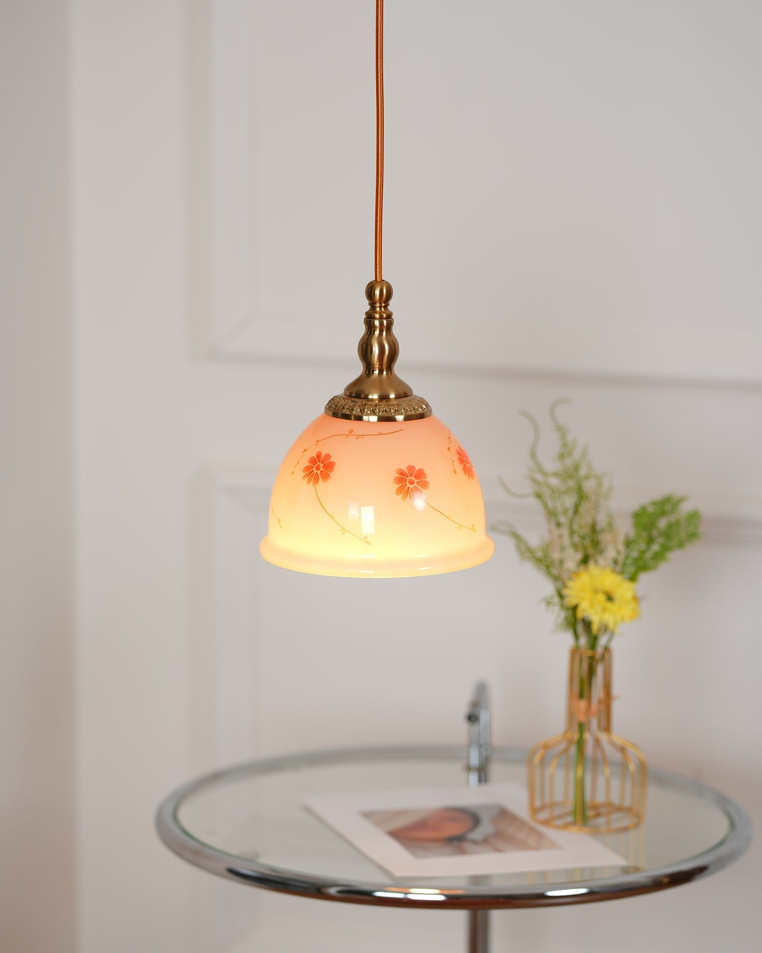 Pendant Lamp Brass and Glass Floral Pattern Dome Shade Vintage
