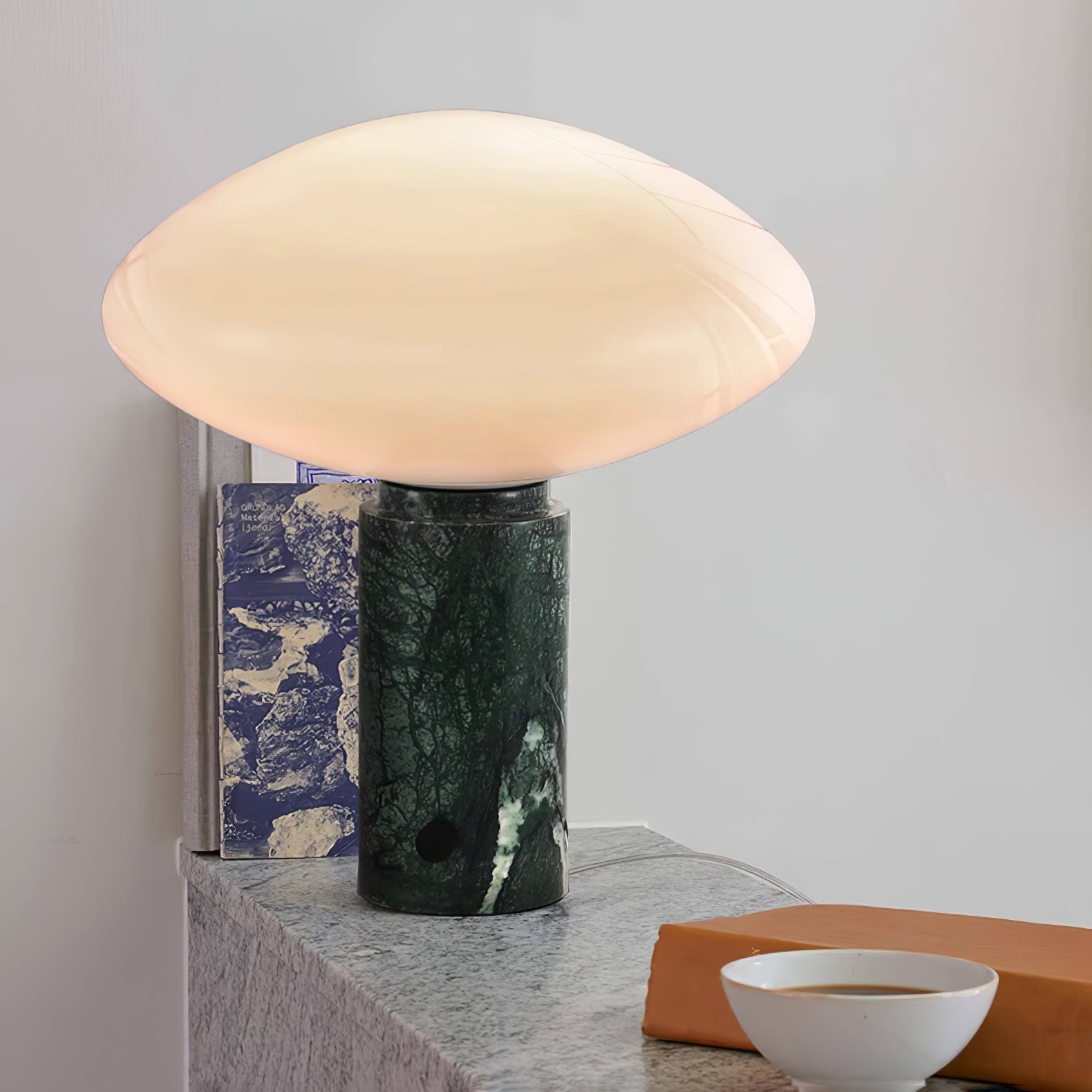Rivi Table Lamp with Glass Shade and Green Marble Base-Neutral Decor