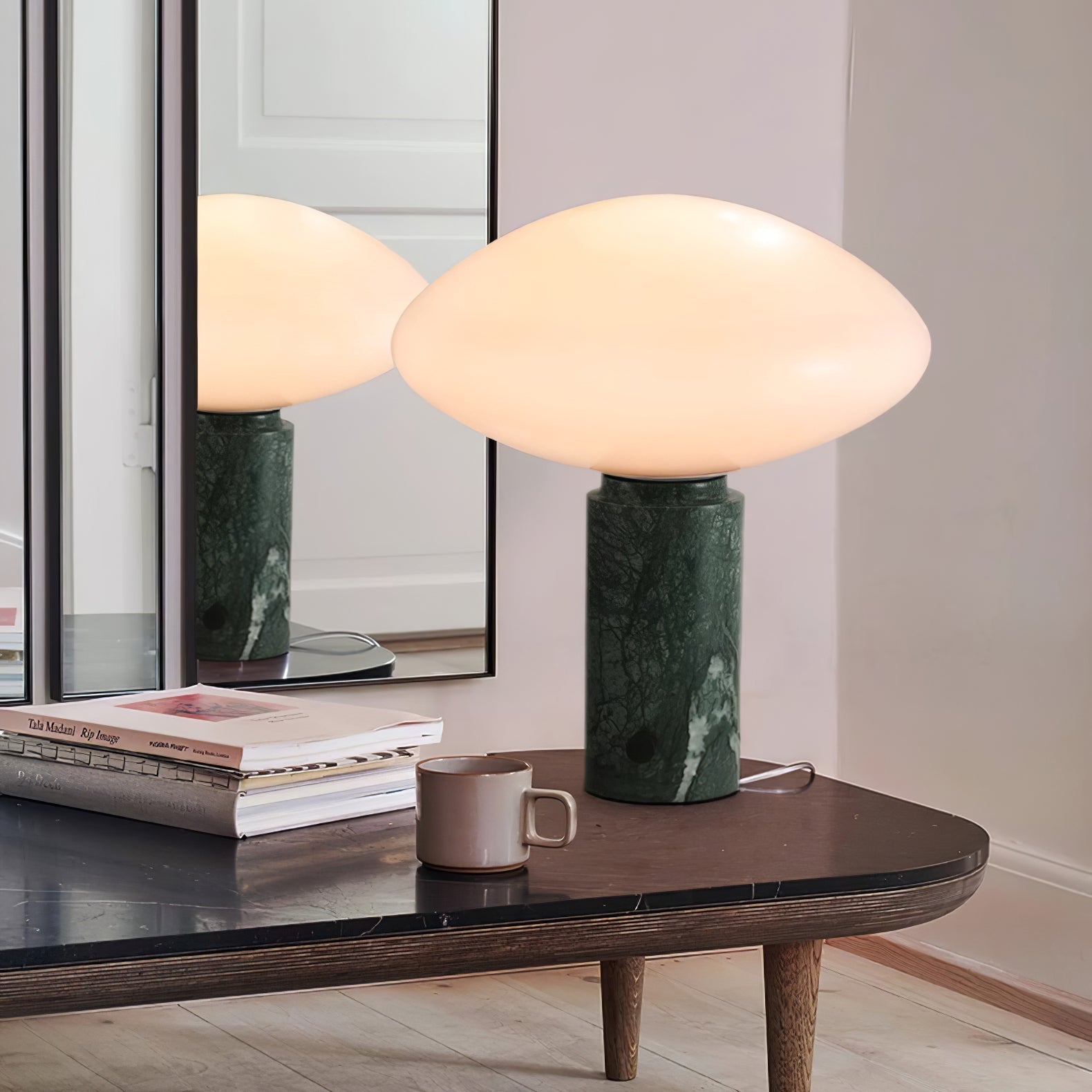 Rivi Table Lamp with Glass Shade and Green Marble Base-Neutral Decor