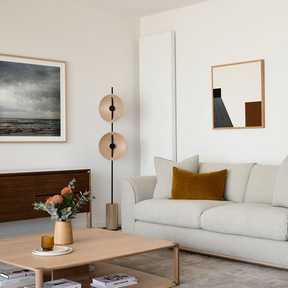 Side profile of the sculptural Mito Floor Lamp.