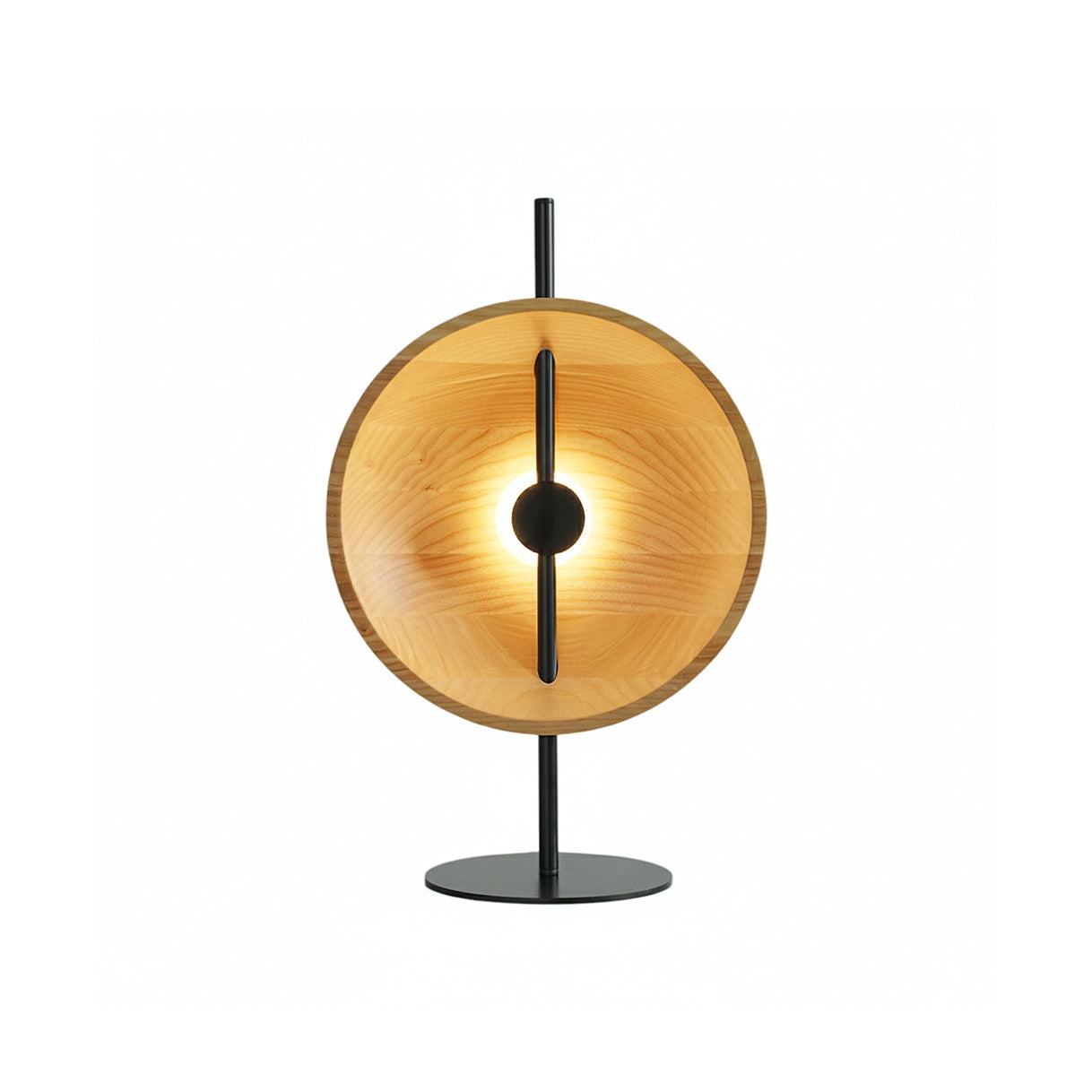 Mito Table Lamp with a minimalist wood shade and black iron body.