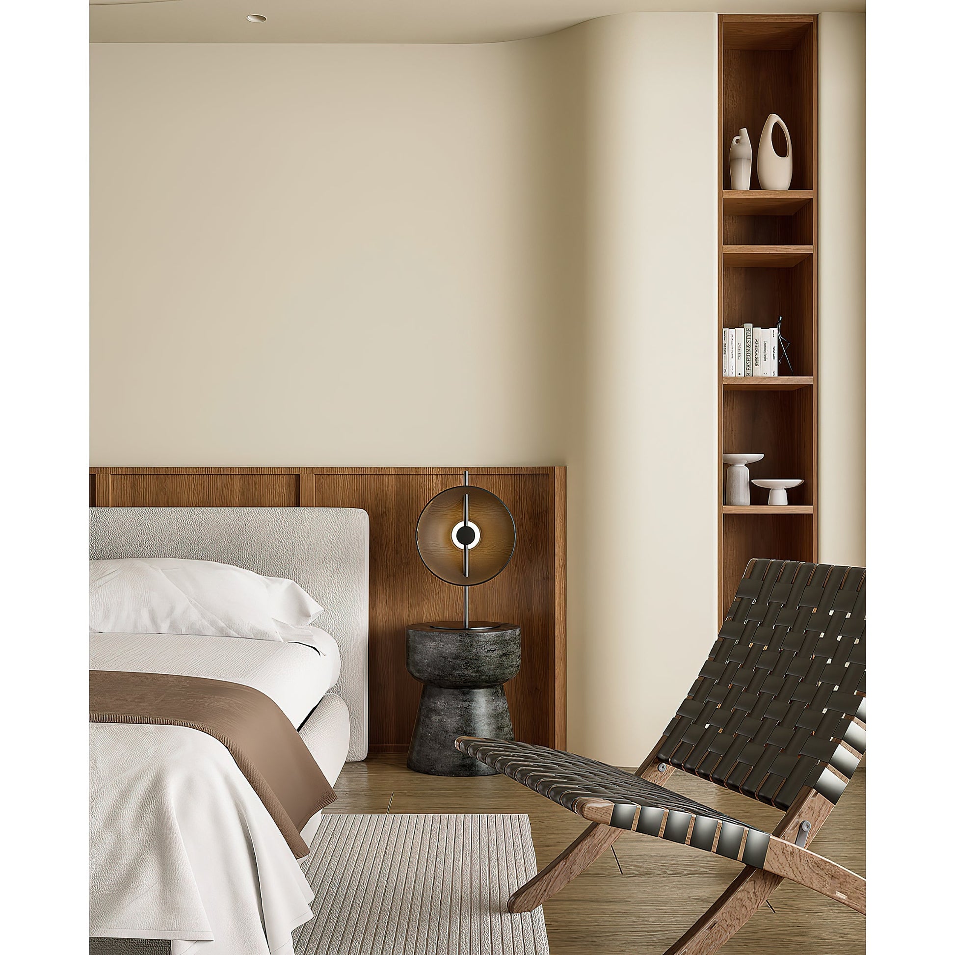 The Mito Table Lamp styled on a side table in a modern living room.