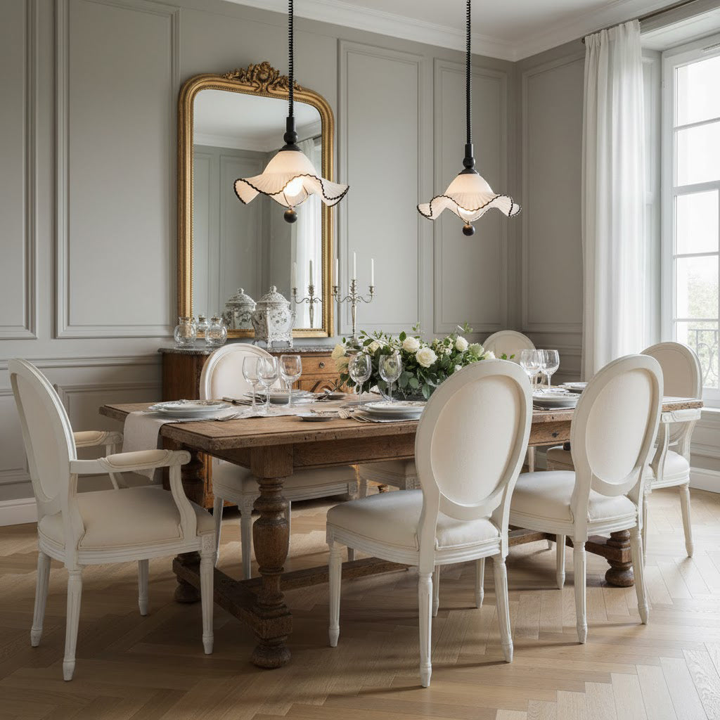 The Mobo Pendant Light casting a soft, diffused glow in a dining room.