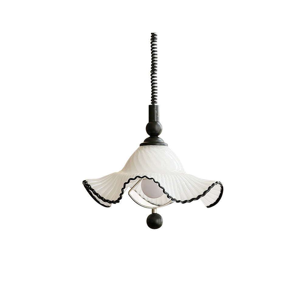 Mobo Pendant Light with a fluted white glass shade and black trim.