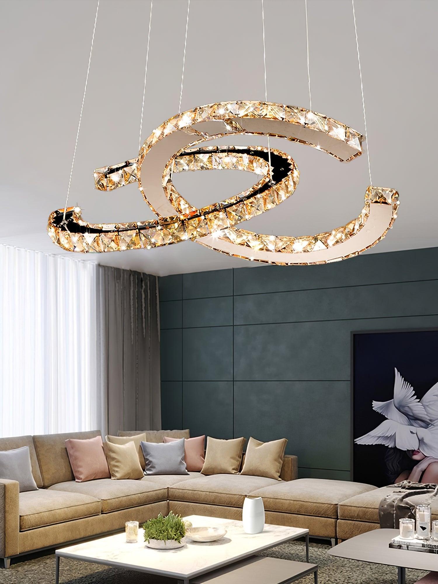 Elvian Chandelier Crystal Double C Modern Silver 2-Ring-Neutral Decor
