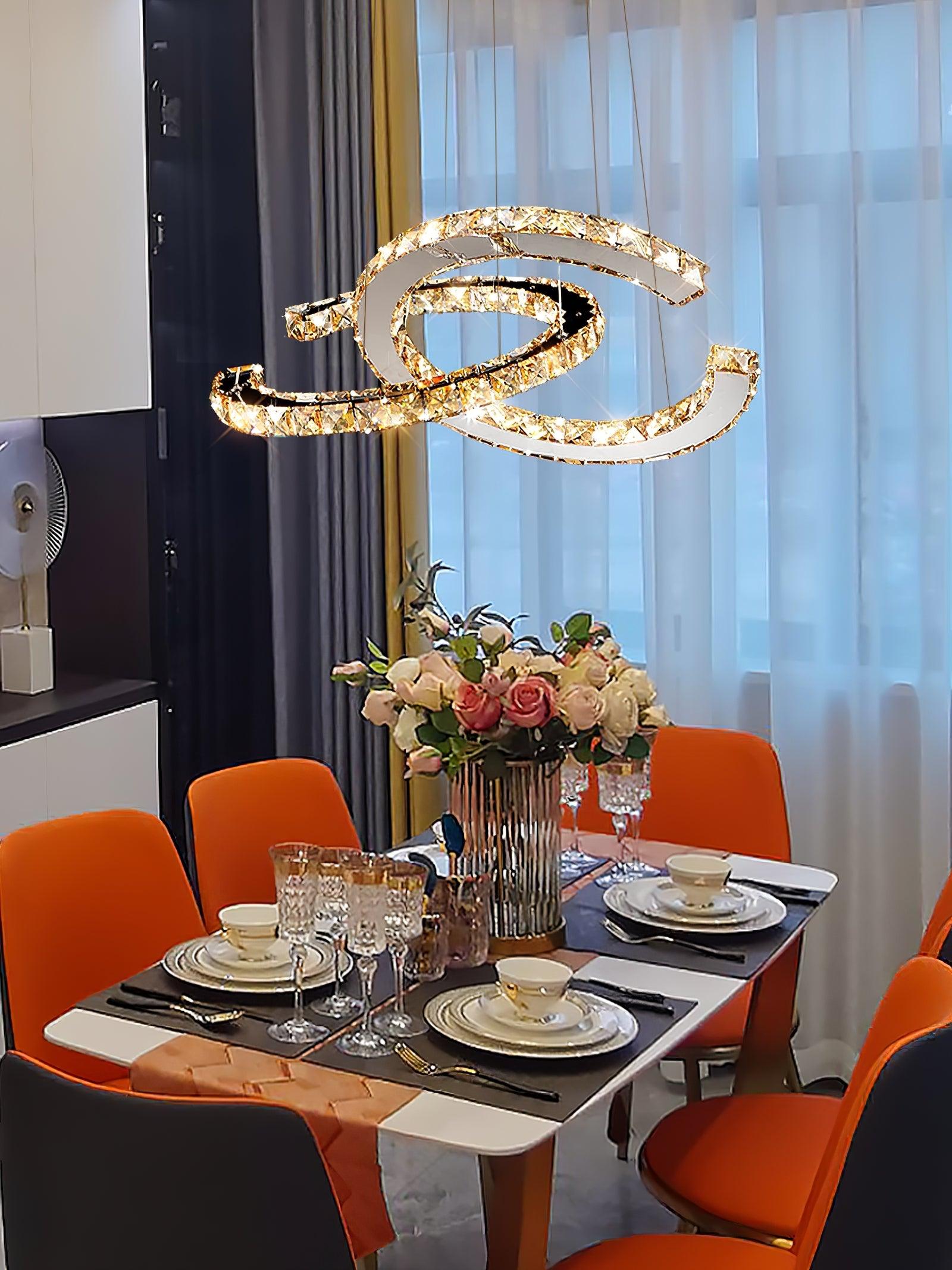 Elvian Chandelier Crystal Double C Modern Silver 2-Ring-Neutral Decor