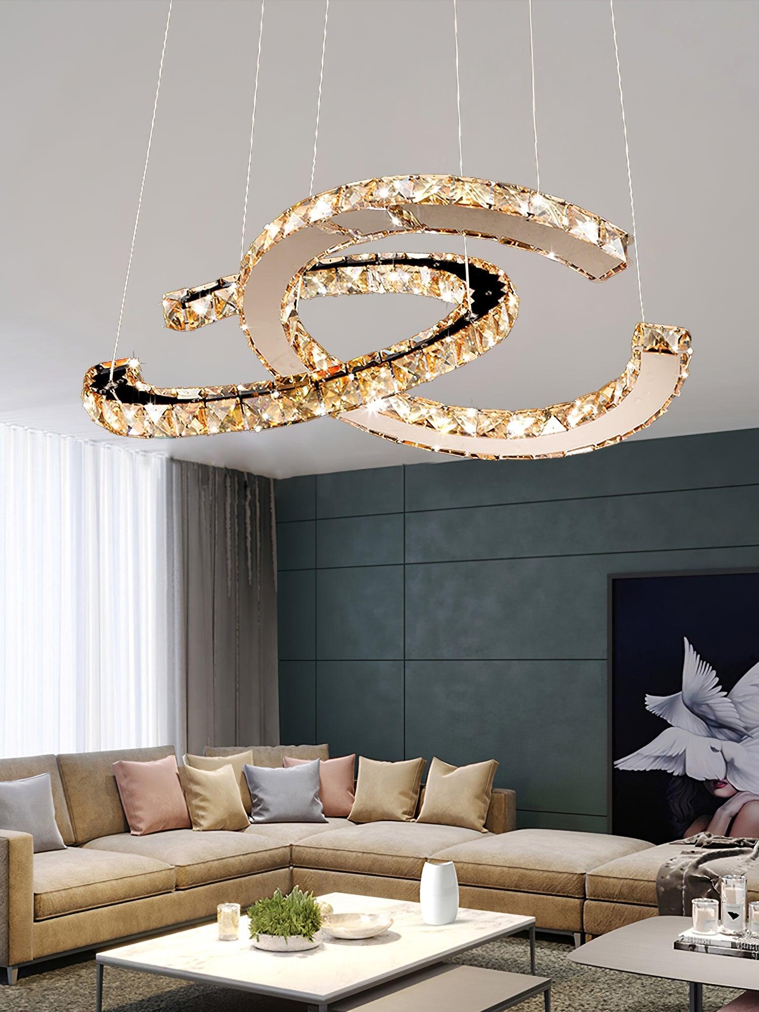 Elvian Chandelier Crystal Double C Modern Silver 2-Ring-Neutral Decor