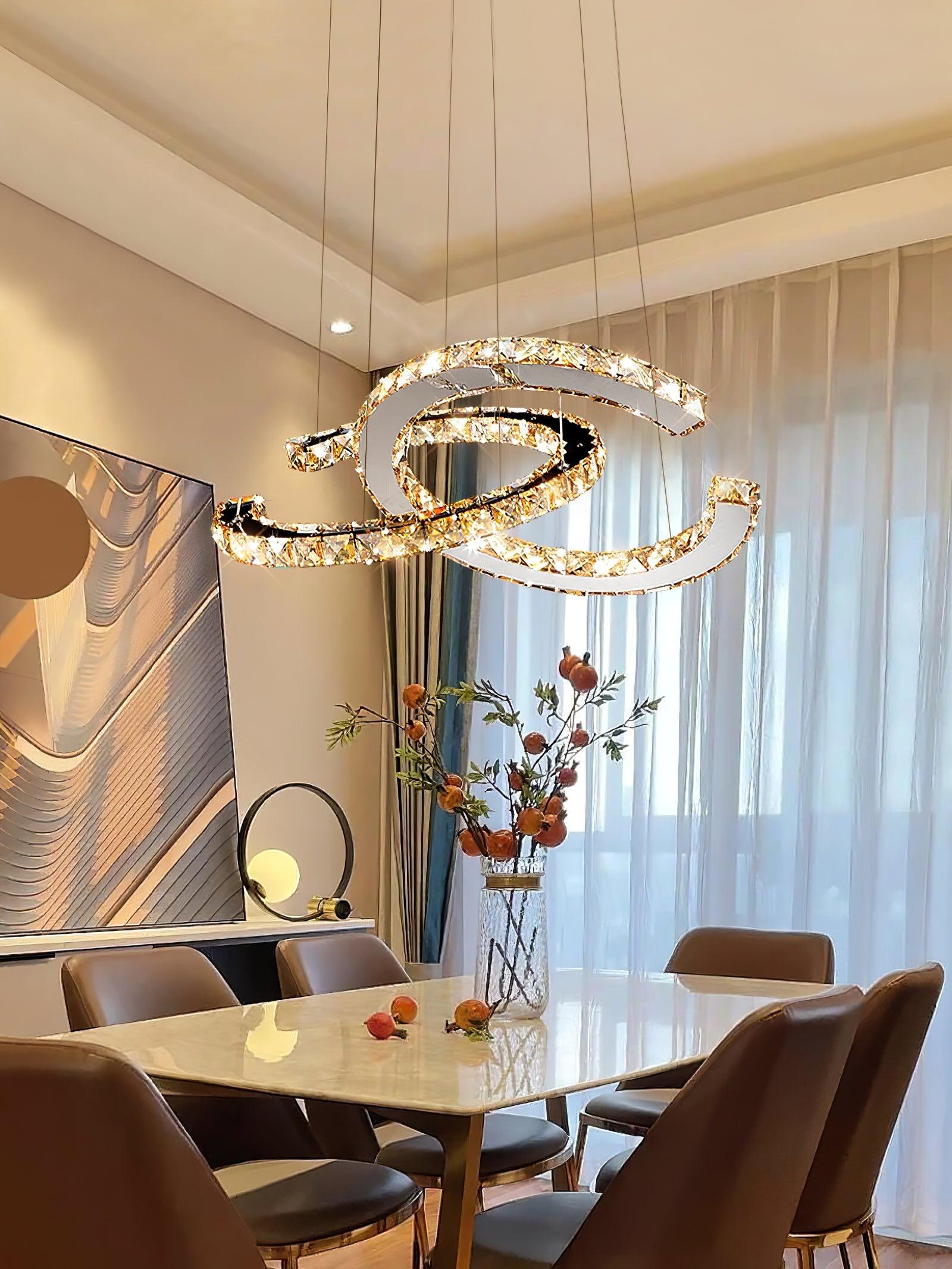 Elvian Chandelier Crystal Double C Modern Silver 2-Ring-Neutral Decor
