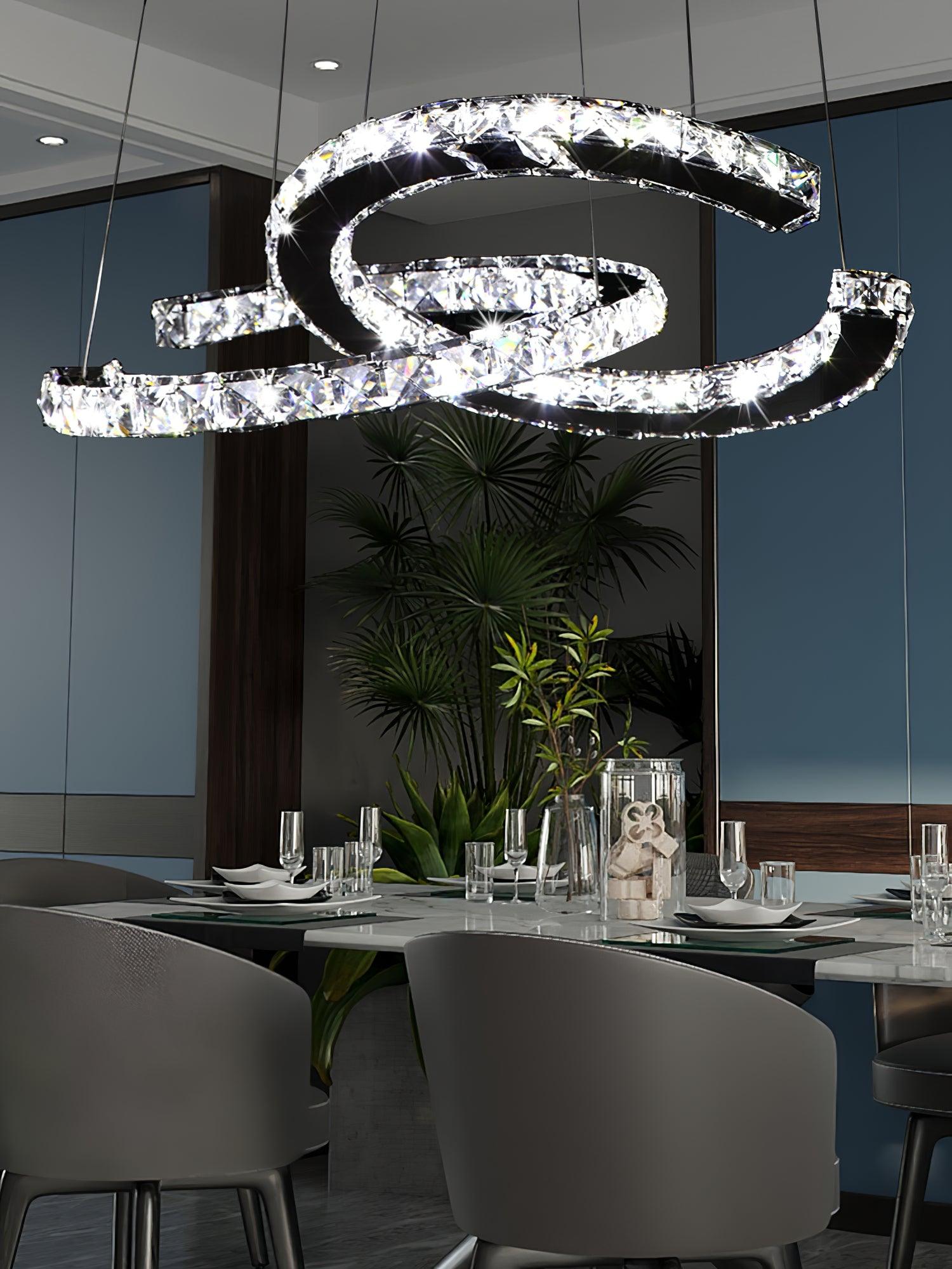 Elvian Chandelier Crystal Double C Modern Silver 2-Ring-Neutral Decor