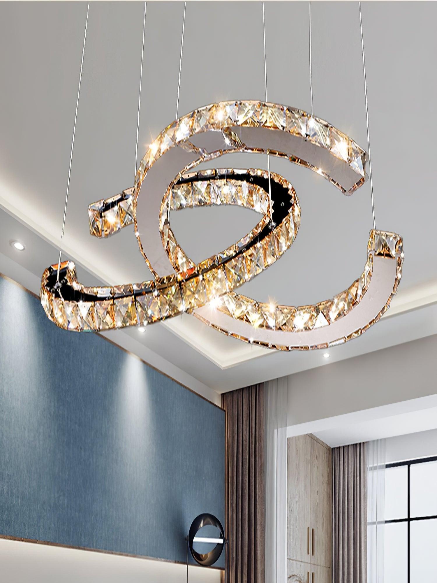 Elvian Chandelier Crystal Double C Modern Silver 2-Ring-Neutral Decor