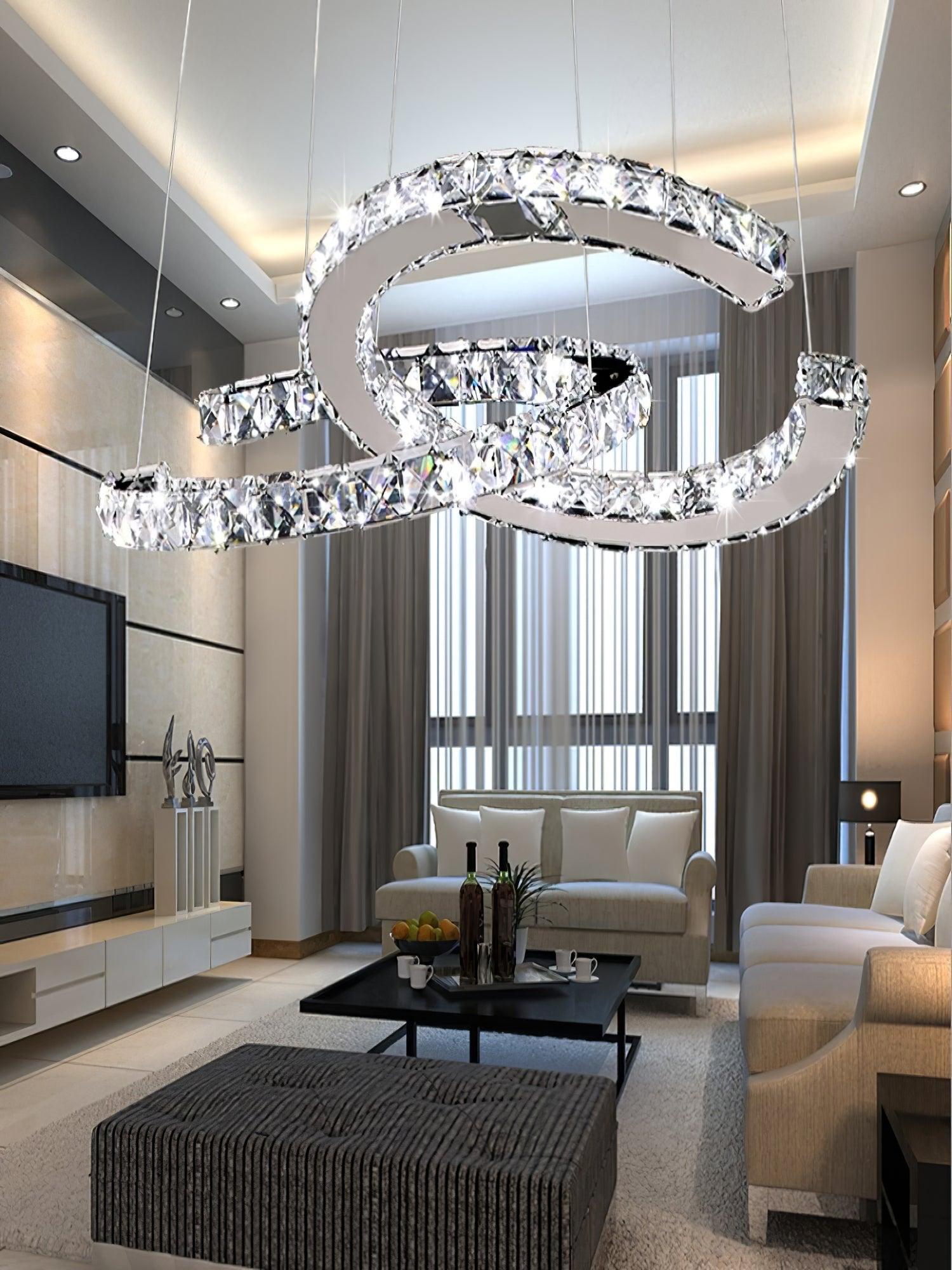 Elvian Chandelier Crystal Double C Modern Silver 2-Ring-Neutral Decor