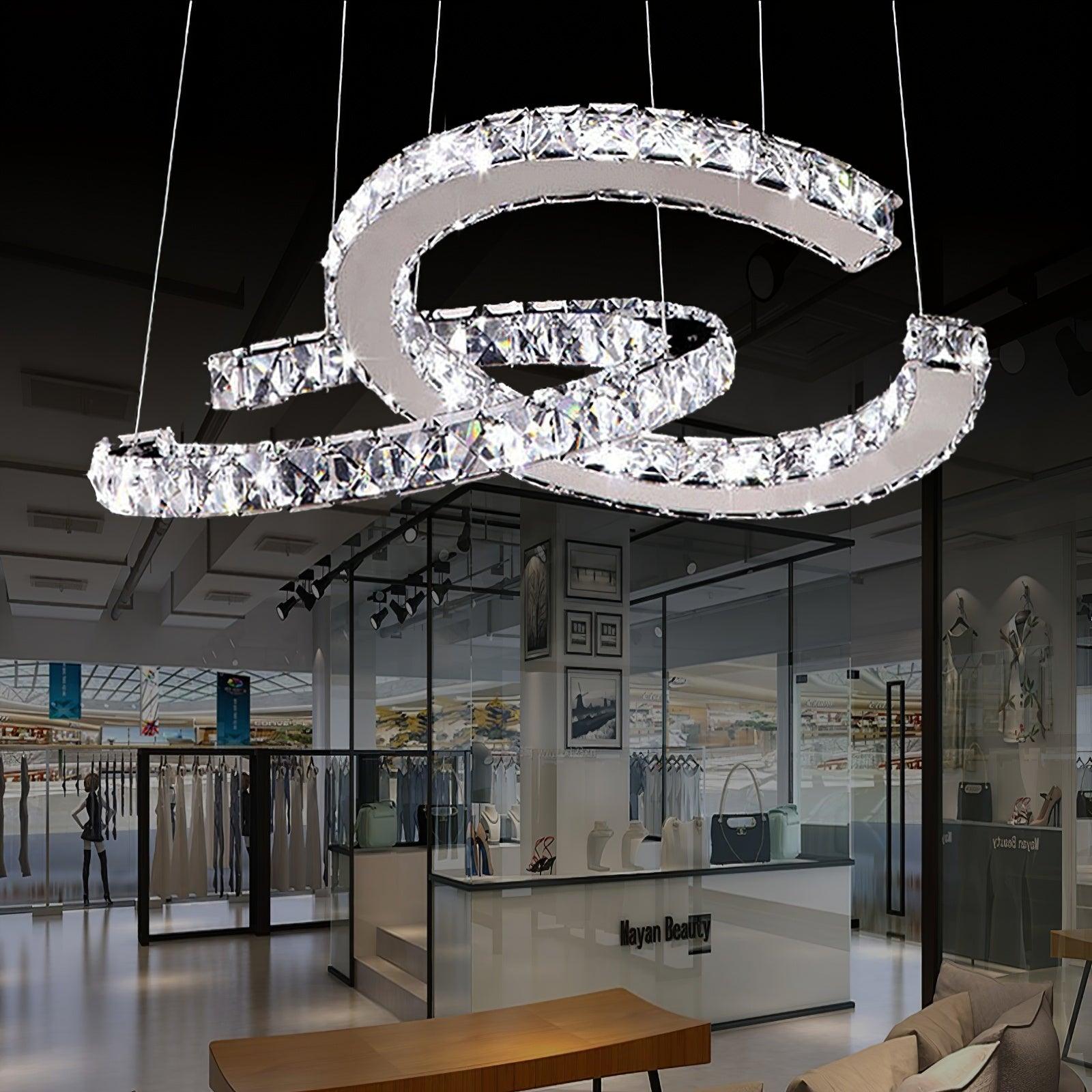 Elvian Chandelier Crystal Double C Modern Silver 2-Ring-Neutral Decor