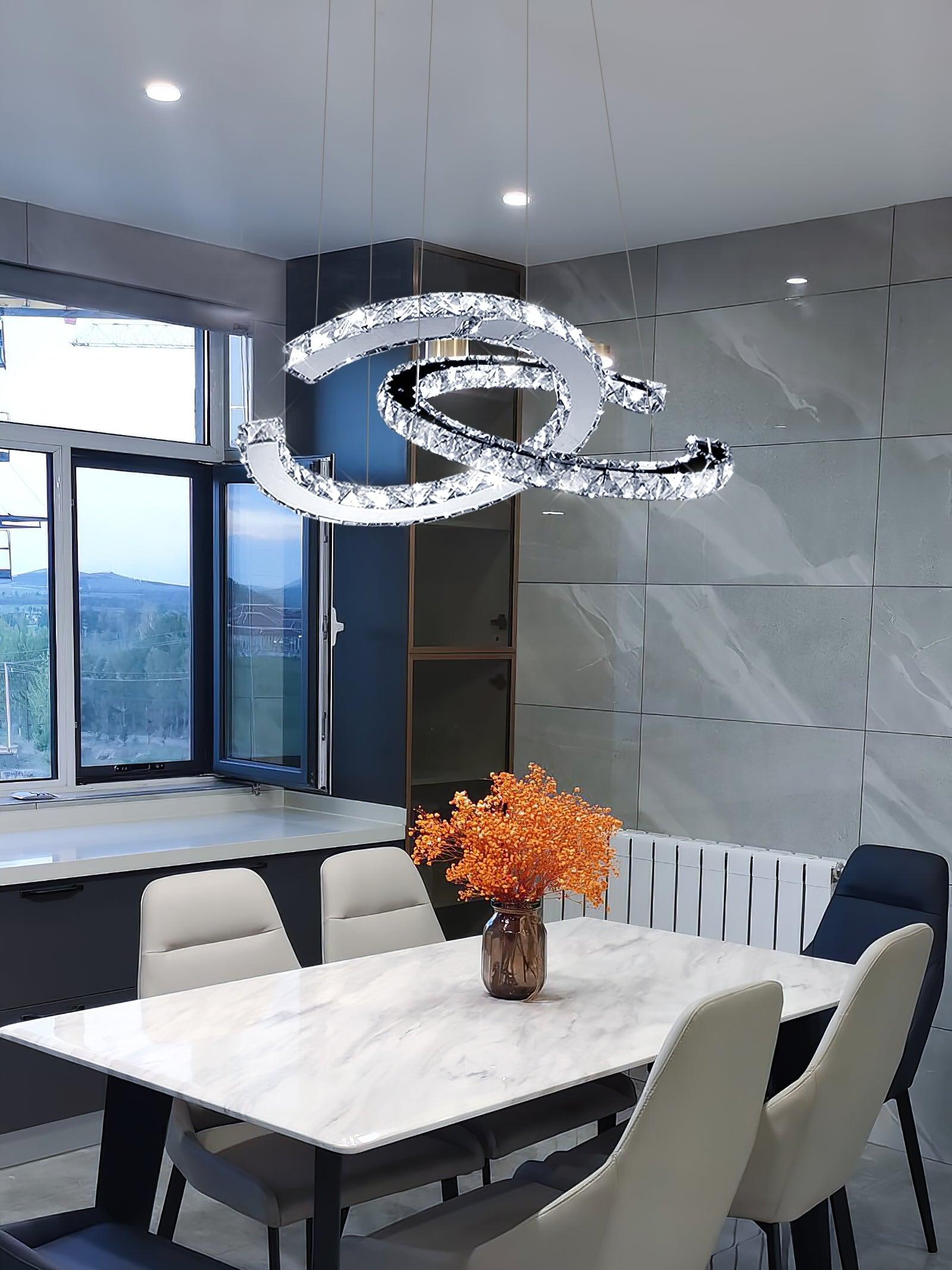 Elvian Chandelier Crystal Double C Modern Silver 2-Ring-Neutral Decor