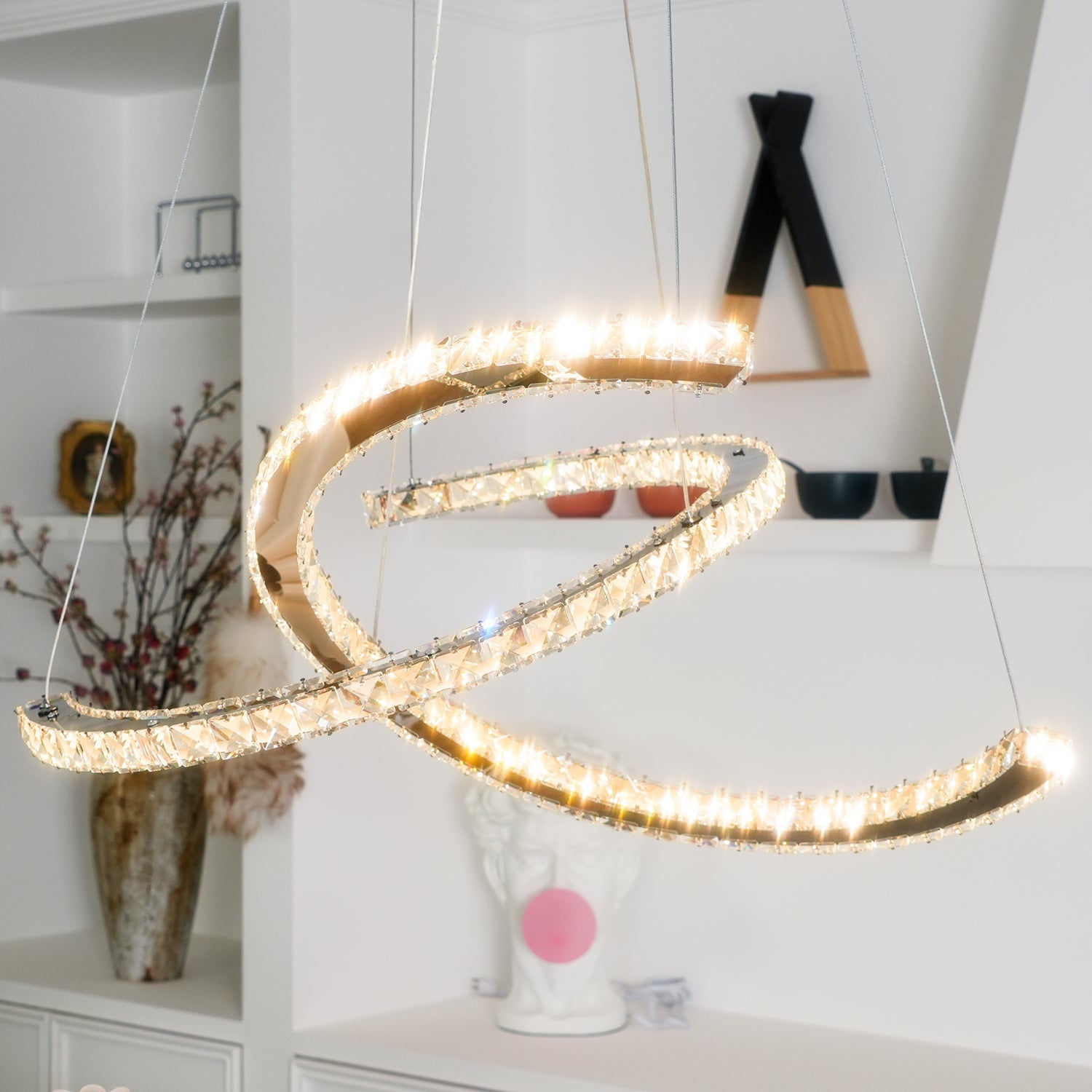 Elvian Chandelier Crystal Double C Modern Silver 2-Ring-Neutral Decor
