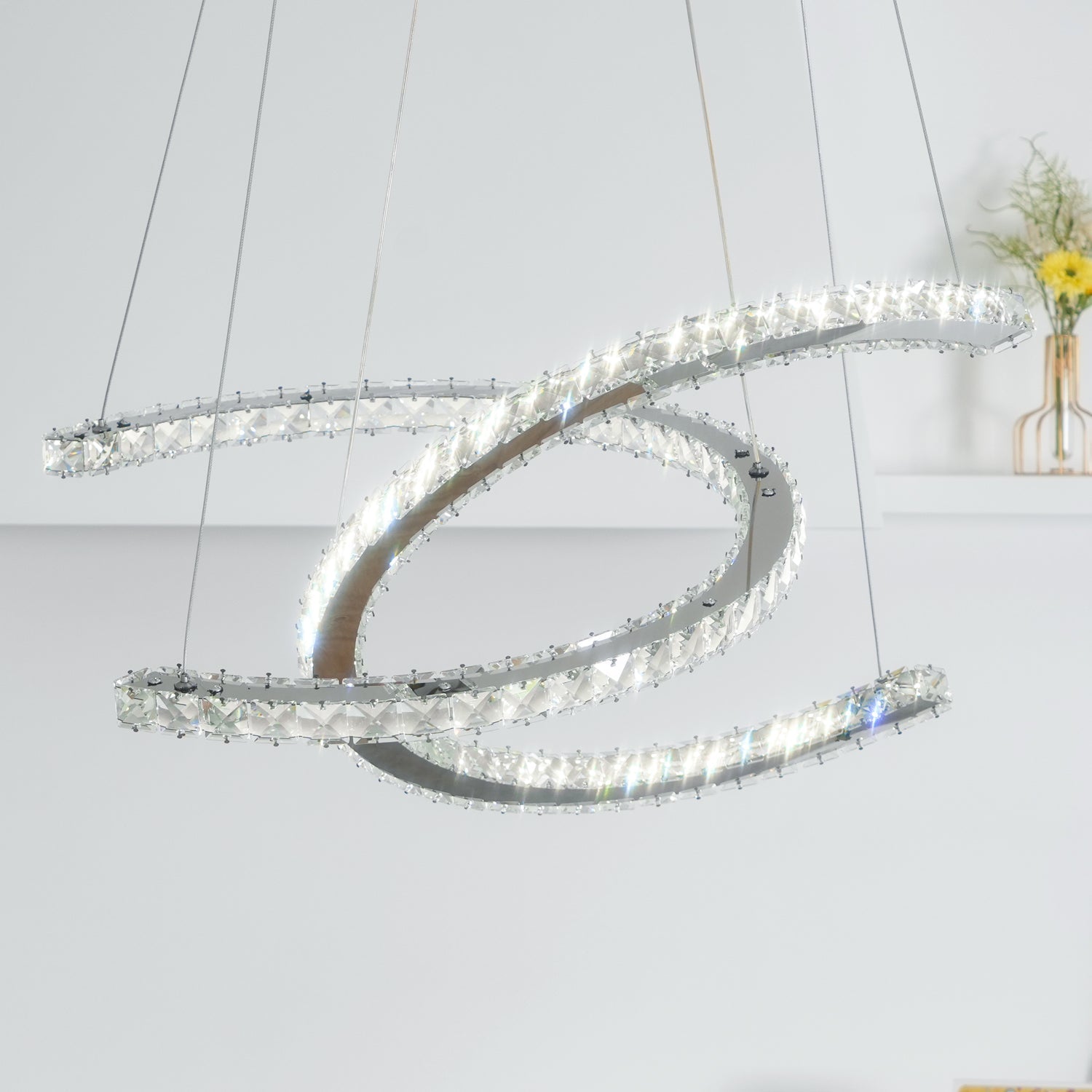 Elvian Chandelier Crystal Double C Modern Silver 2-Ring-Neutral Decor