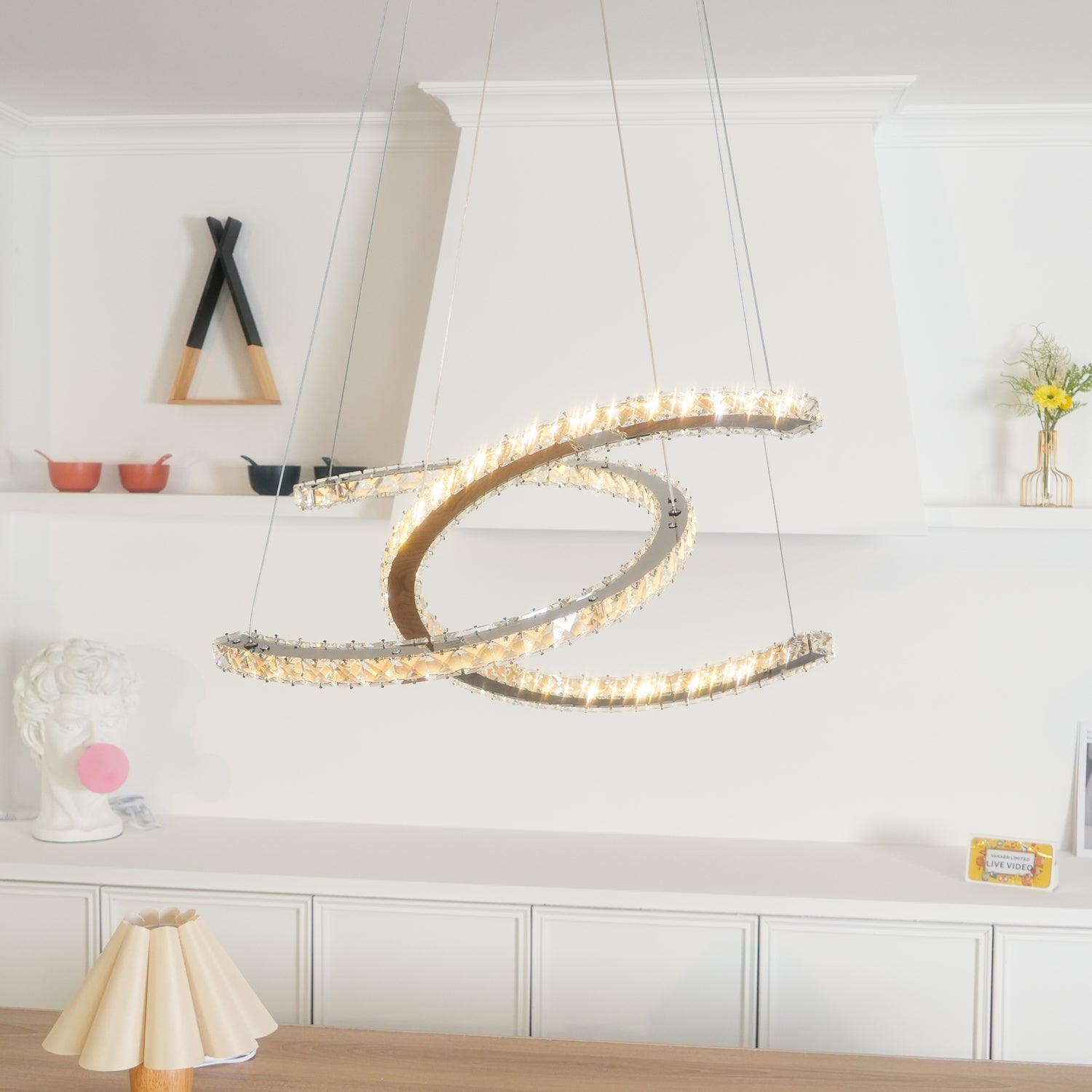 Elvian Chandelier Crystal Double C Modern Silver 2-Ring-Neutral Decor