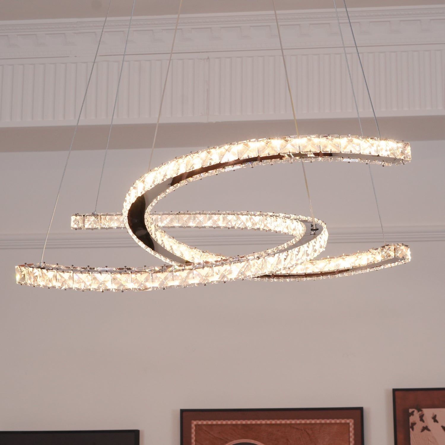 Elvian Chandelier Crystal Double C Modern Silver 2-Ring-Neutral Decor