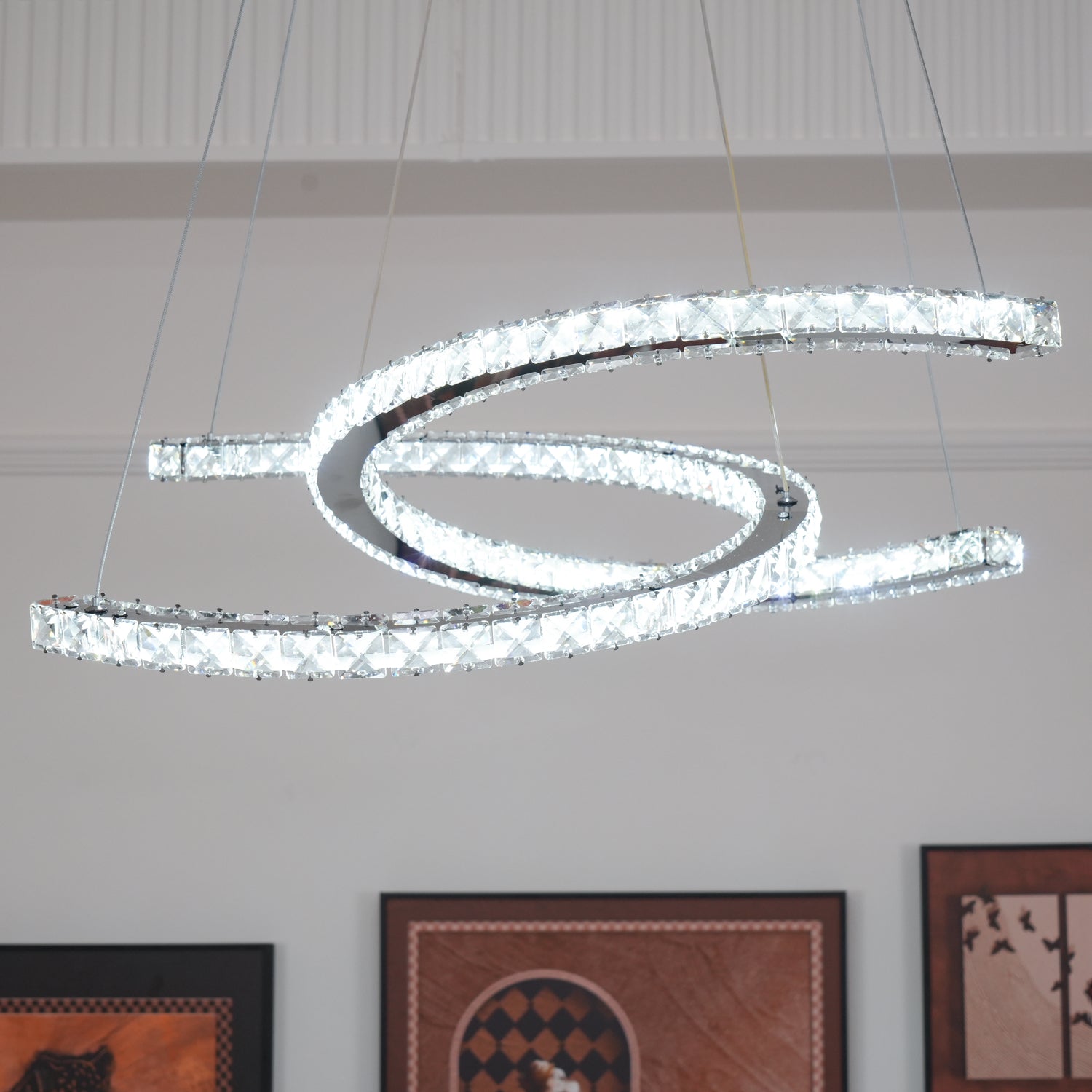 Elvian Chandelier Crystal Double C Modern Silver 2-Ring-Neutral Decor