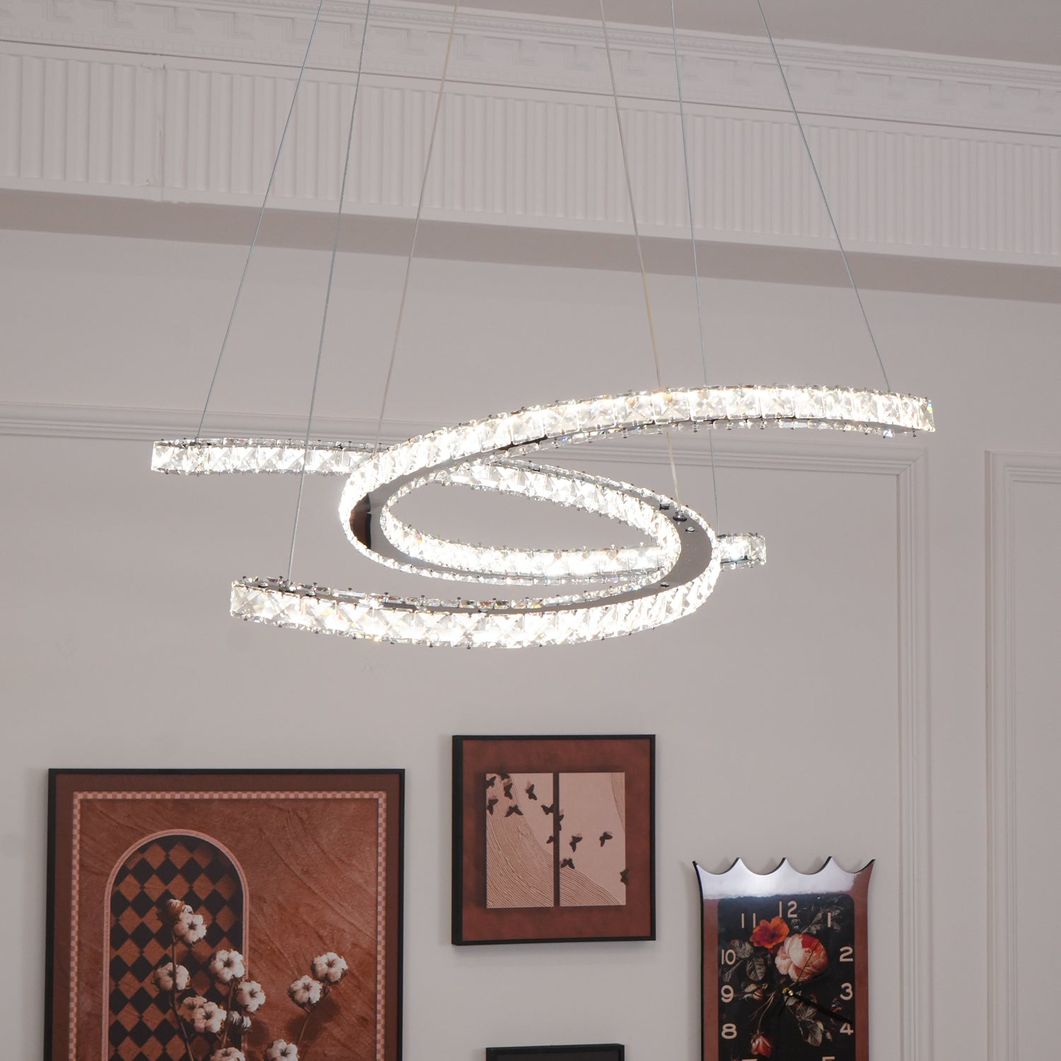 Elvian Chandelier Crystal Double C Modern Silver 2-Ring-Neutral Decor