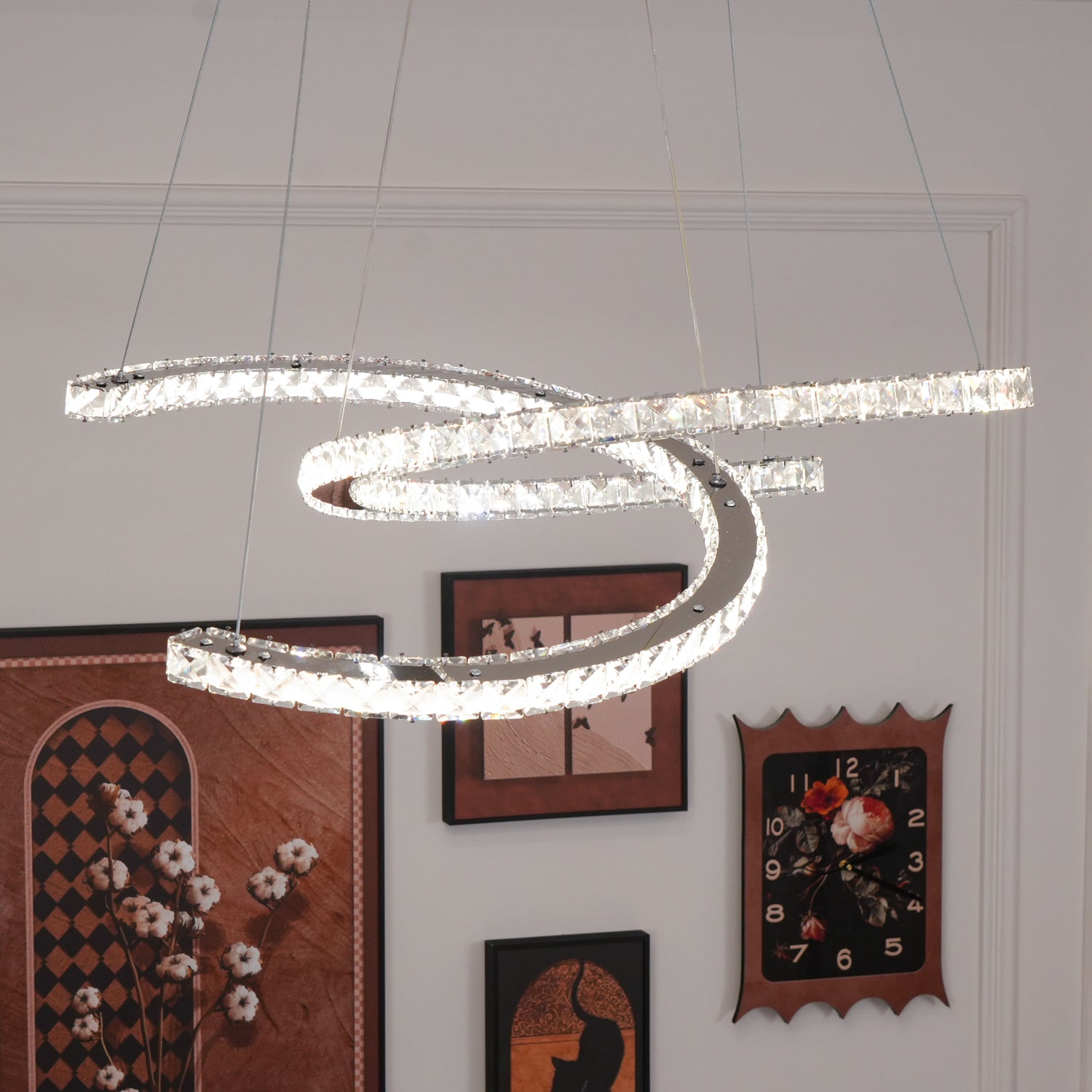 Elvian Chandelier Crystal Double C Modern Silver 2-Ring-Neutral Decor