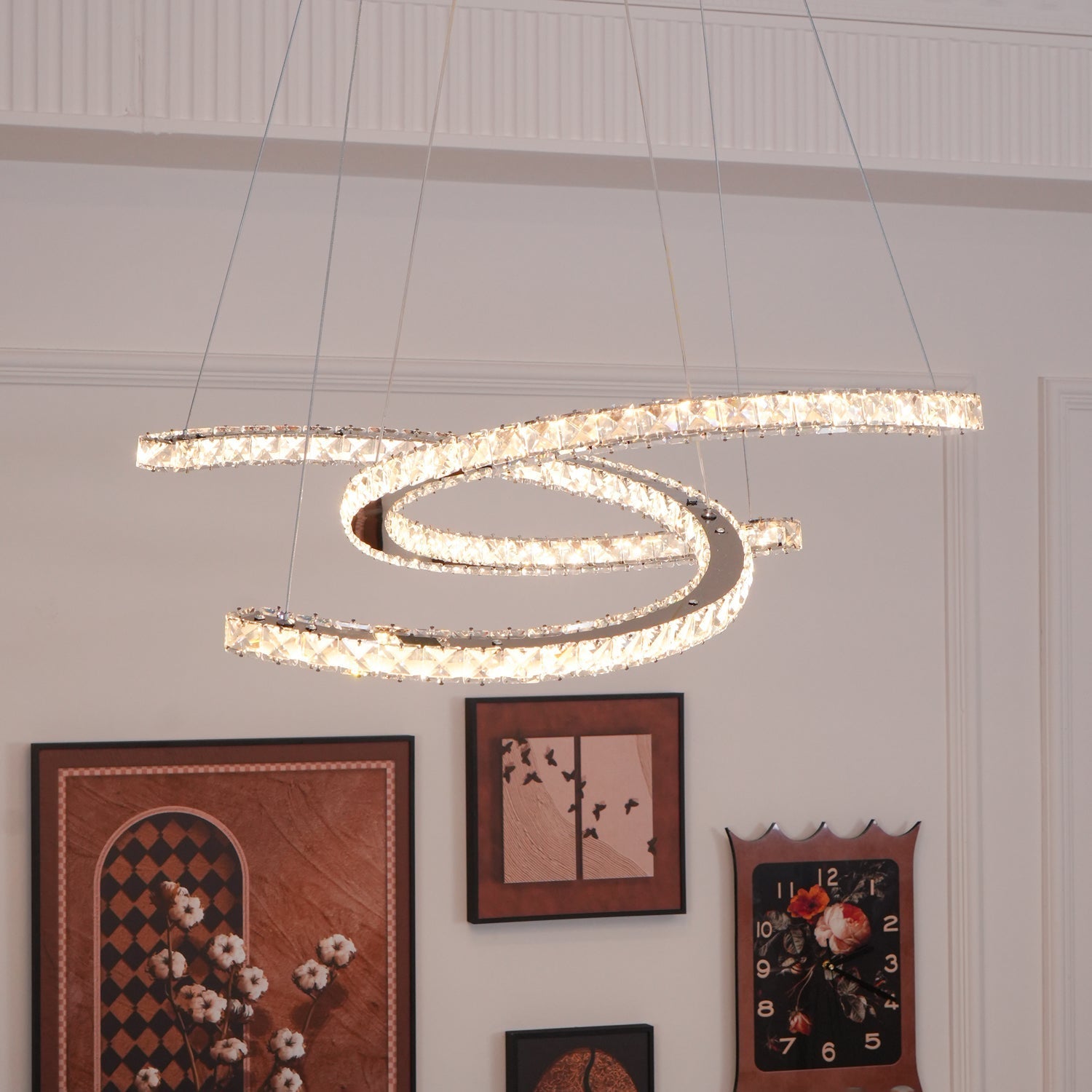 Elvian Chandelier Crystal Double C Modern Silver 2-Ring-Neutral Decor