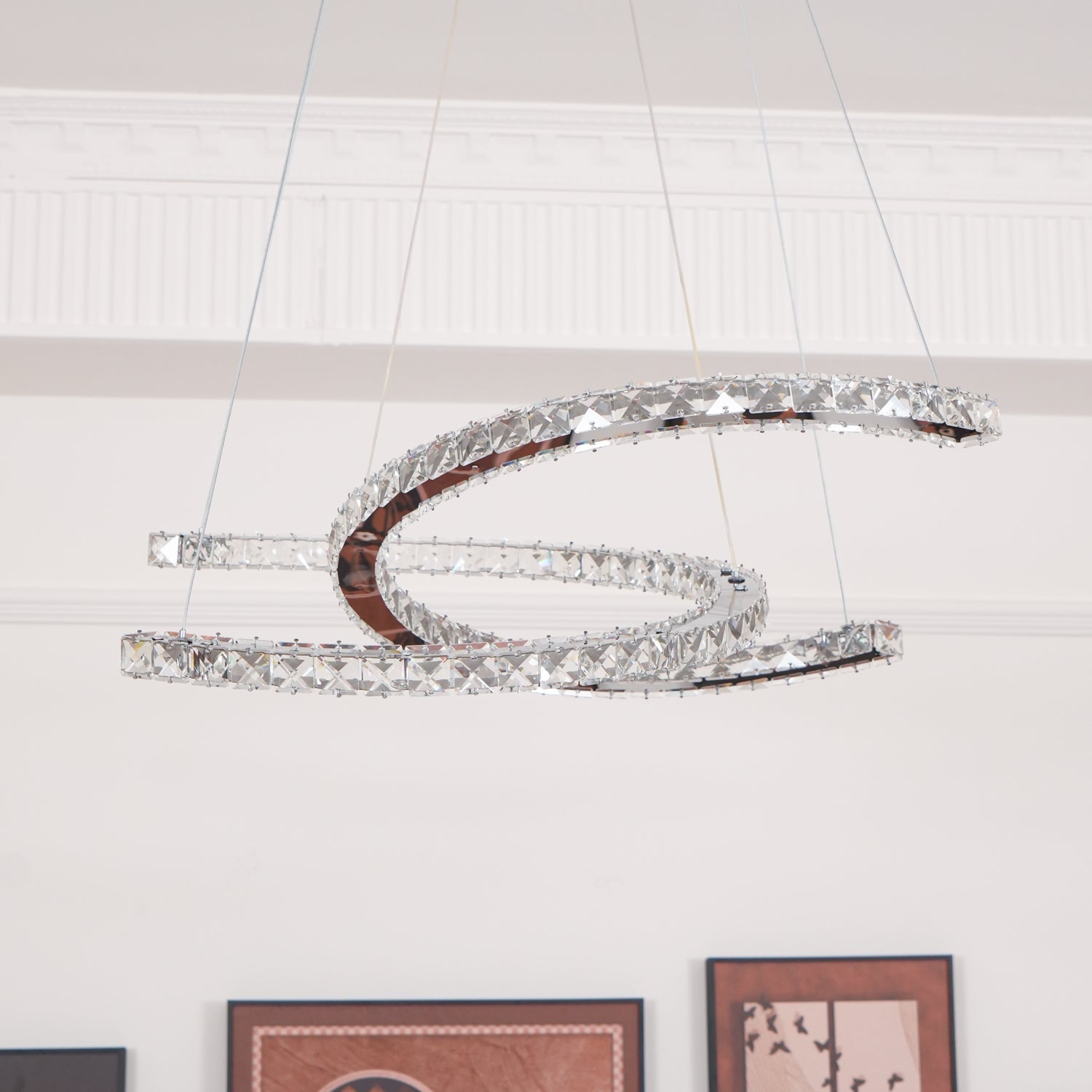 Elvian Chandelier Crystal Double C Modern Silver 2-Ring-Neutral Decor