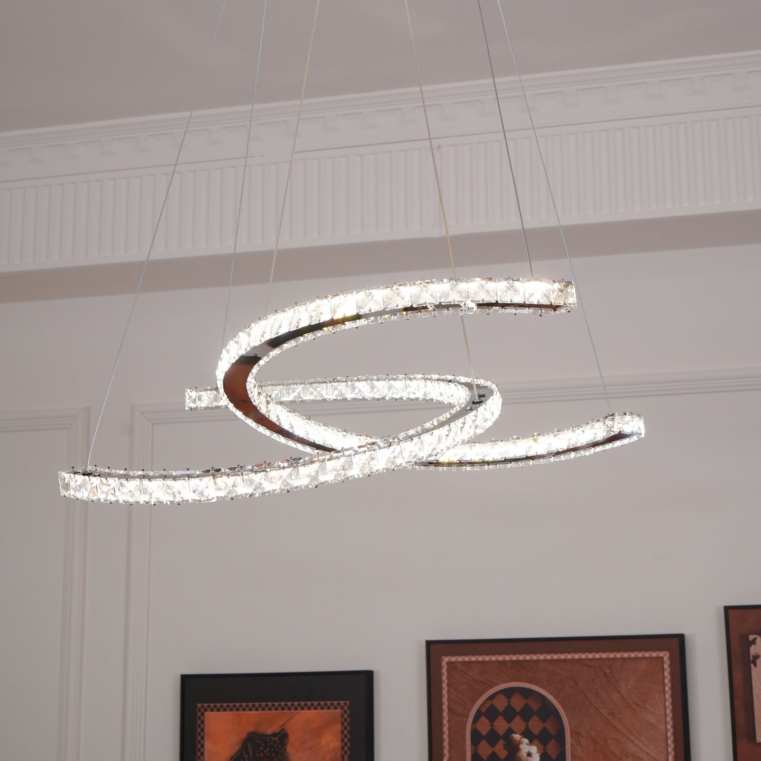 Elvian Chandelier Crystal Double C Modern Silver 2-Ring-Neutral Decor
