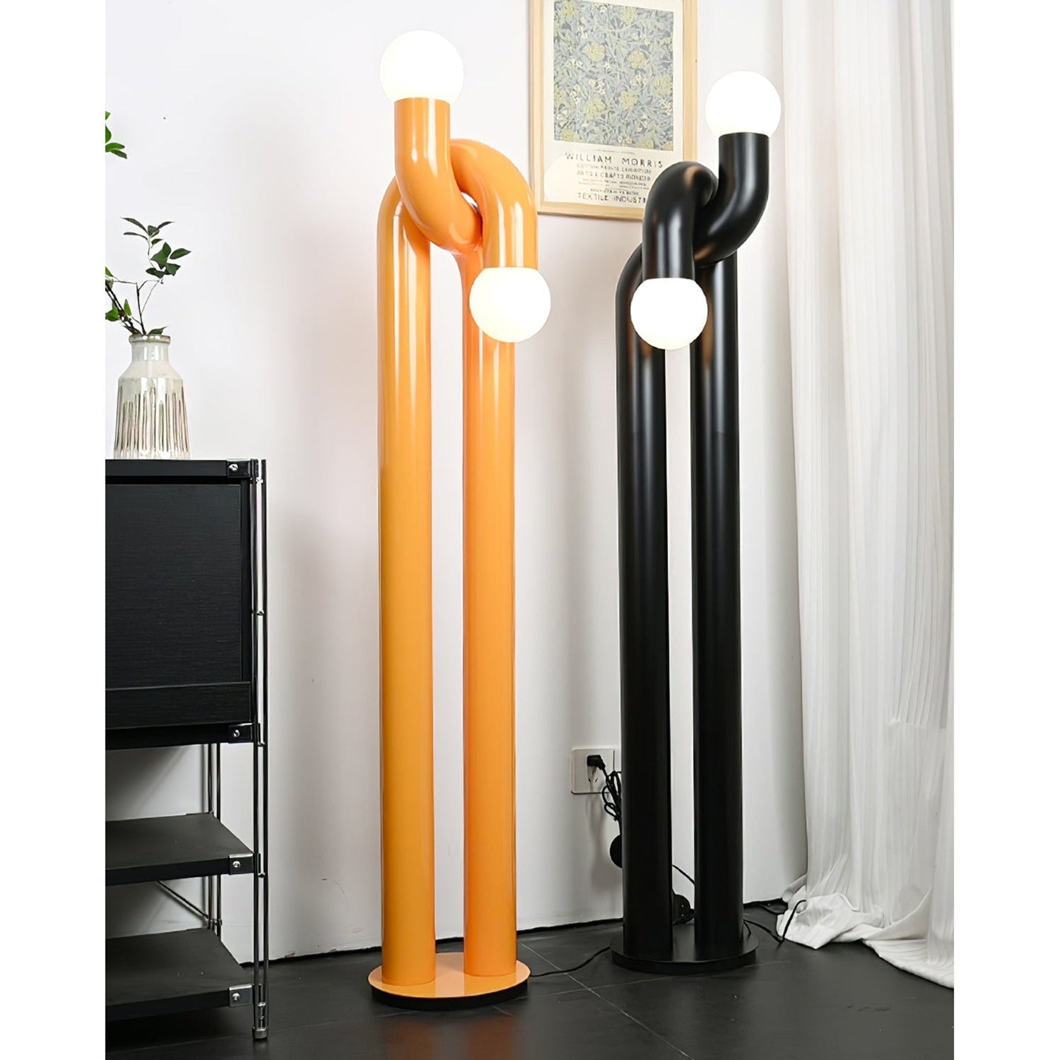 The white Modulation Floor Lamp placed in a minimalist bedroom corner.